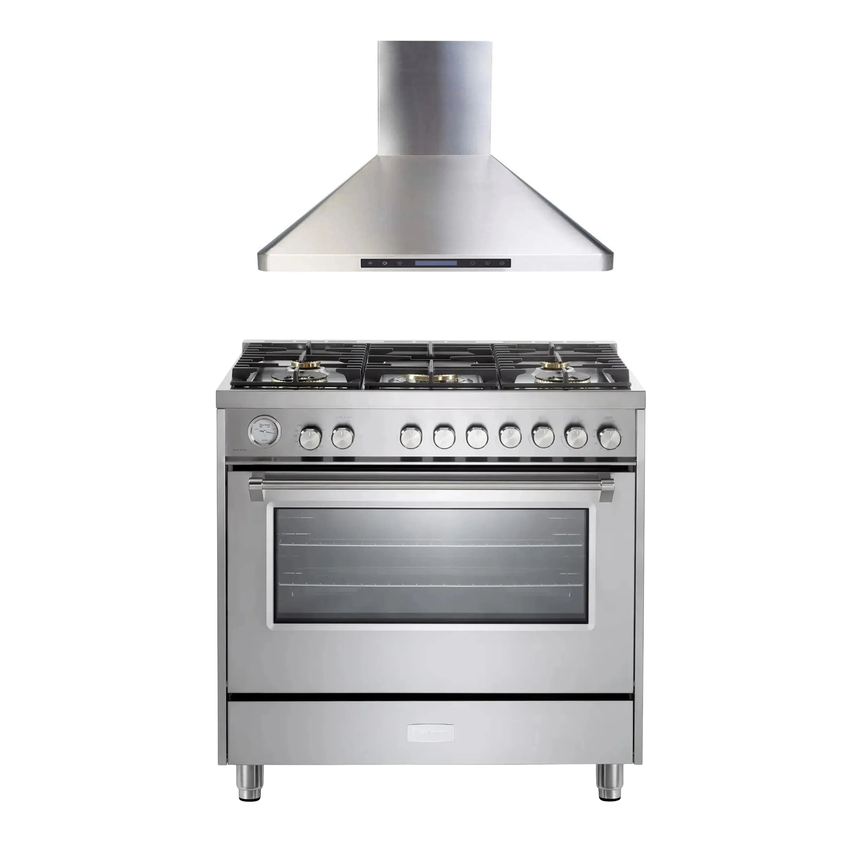 Stainless steel gas range with 5 sealed burners and wall-mount range hood