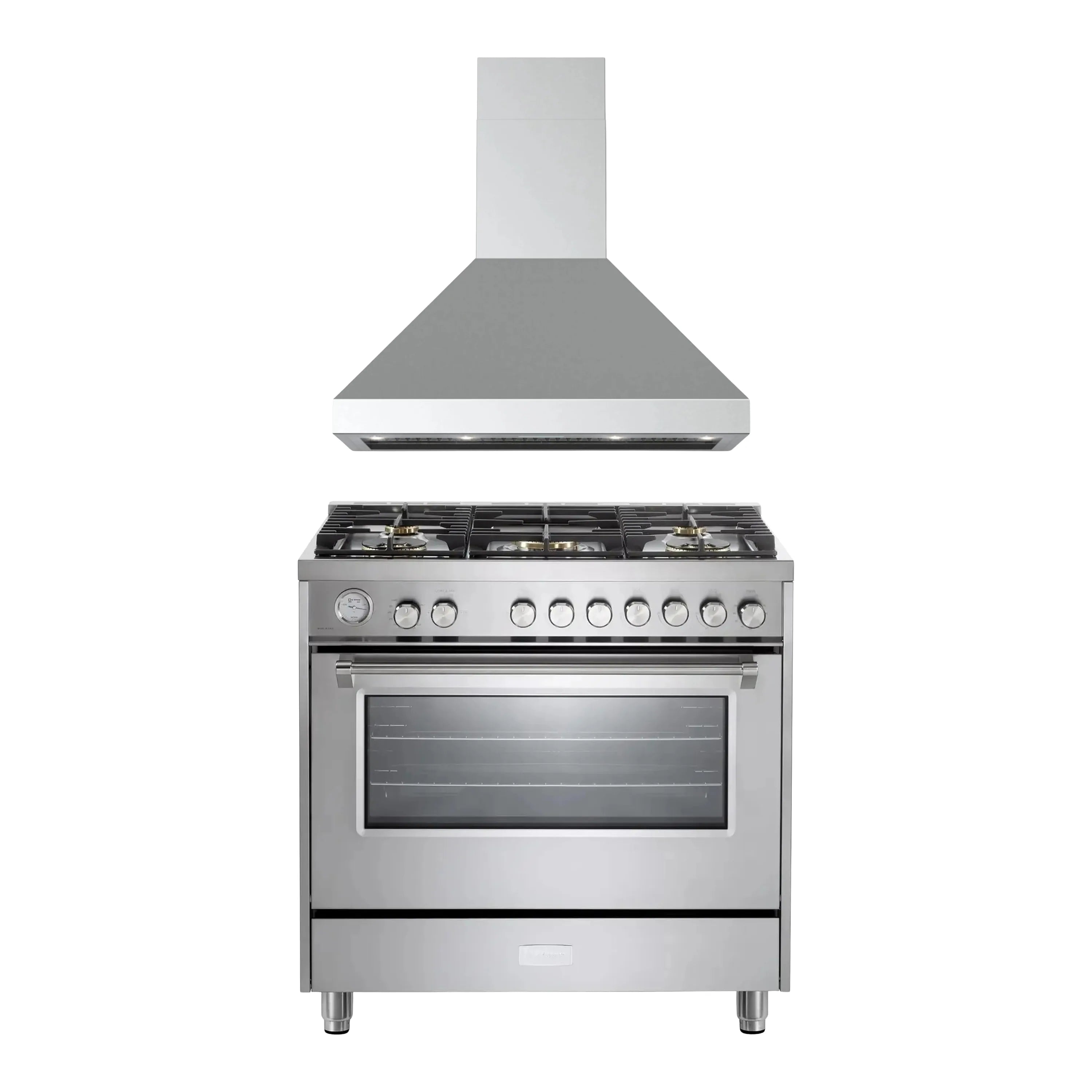 Stainless steel gas range with 5 burners and oven beneath wall mount hood