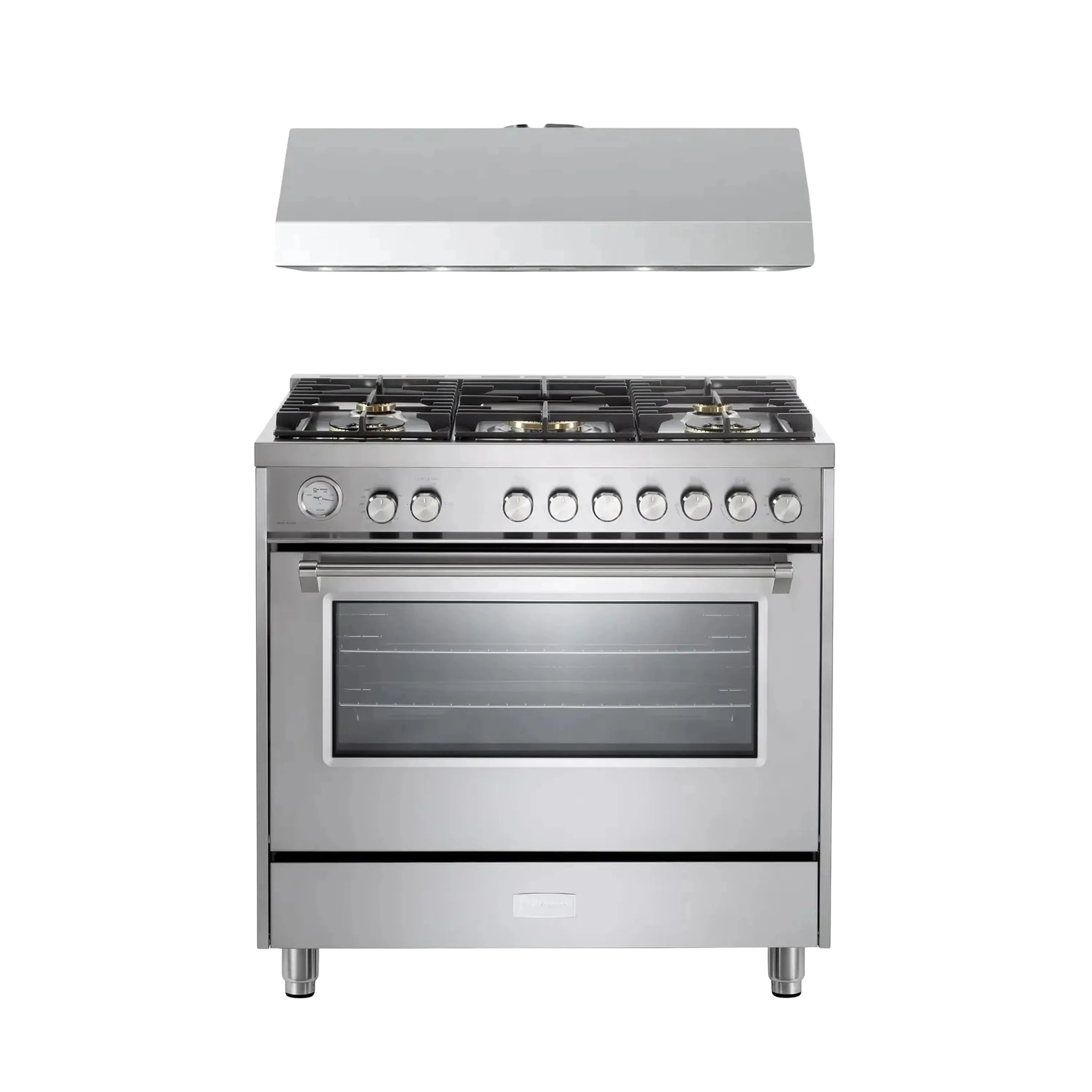 Stainless steel gas range with 5 sealed burners and oven door with window