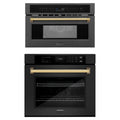ZLINE Autograph Edition 2-Piece Appliance Package - 30-Inch Single Wall Oven with Self-Clean and 30-inch Built-In Microwave Oven in Black Stainless Steel with Gold Trim