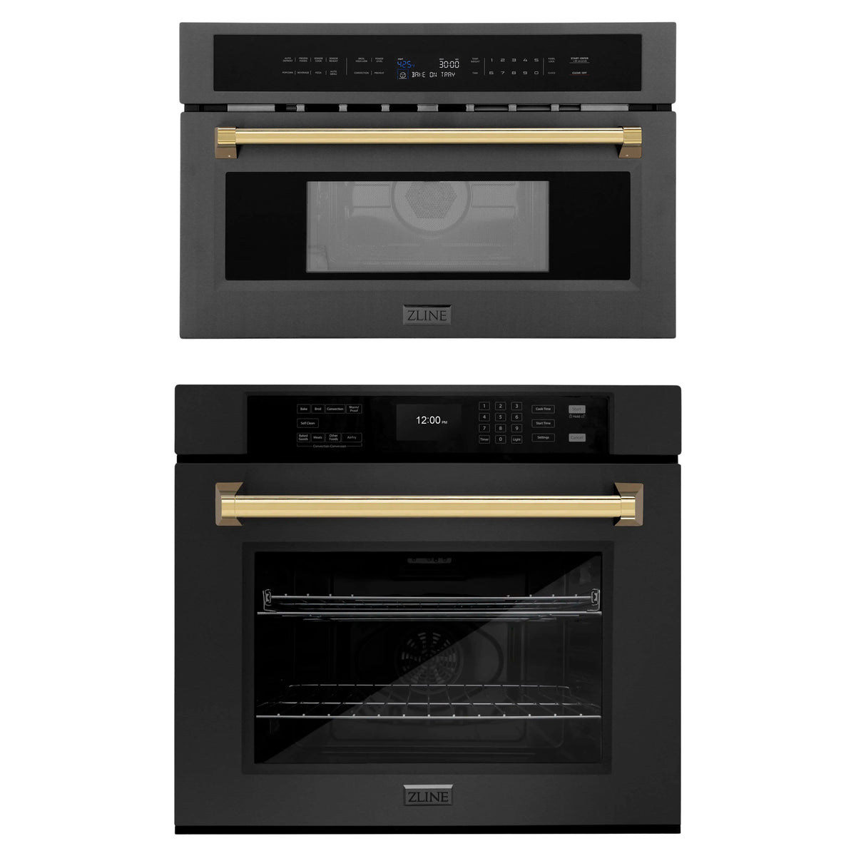 ZLINE Autograph Edition 2-Piece Appliance Package - 30-Inch Single Wall Oven with Self-Clean and 30-inch Built-In Microwave Oven in Black Stainless Steel with Gold Trim