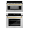 ZLINE Autograph Edition 2-Piece Appliance Package - 30-Inch Single Wall Oven with Self-Clean and 30-inch Built-In Microwave Oven in Satin Stainless Steel with Champagne Bronze Trim