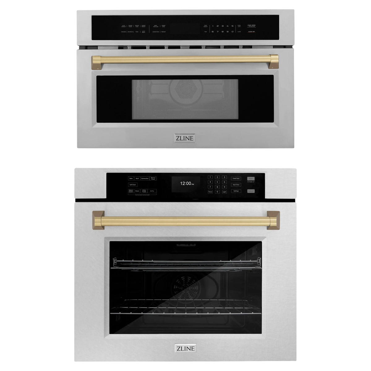 ZLINE Autograph Edition 2-Piece Appliance Package - 30-Inch Single Wall Oven with Self-Clean and 30-inch Built-In Microwave Oven in Satin Stainless Steel with Champagne Bronze Trim