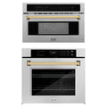 ZLINE Autograph Edition 2-Piece Appliance Package - 30-Inch Single Wall Oven with Self-Clean and 30-inch Built-In Microwave Oven in Satin Stainless Steel with Gold Trim