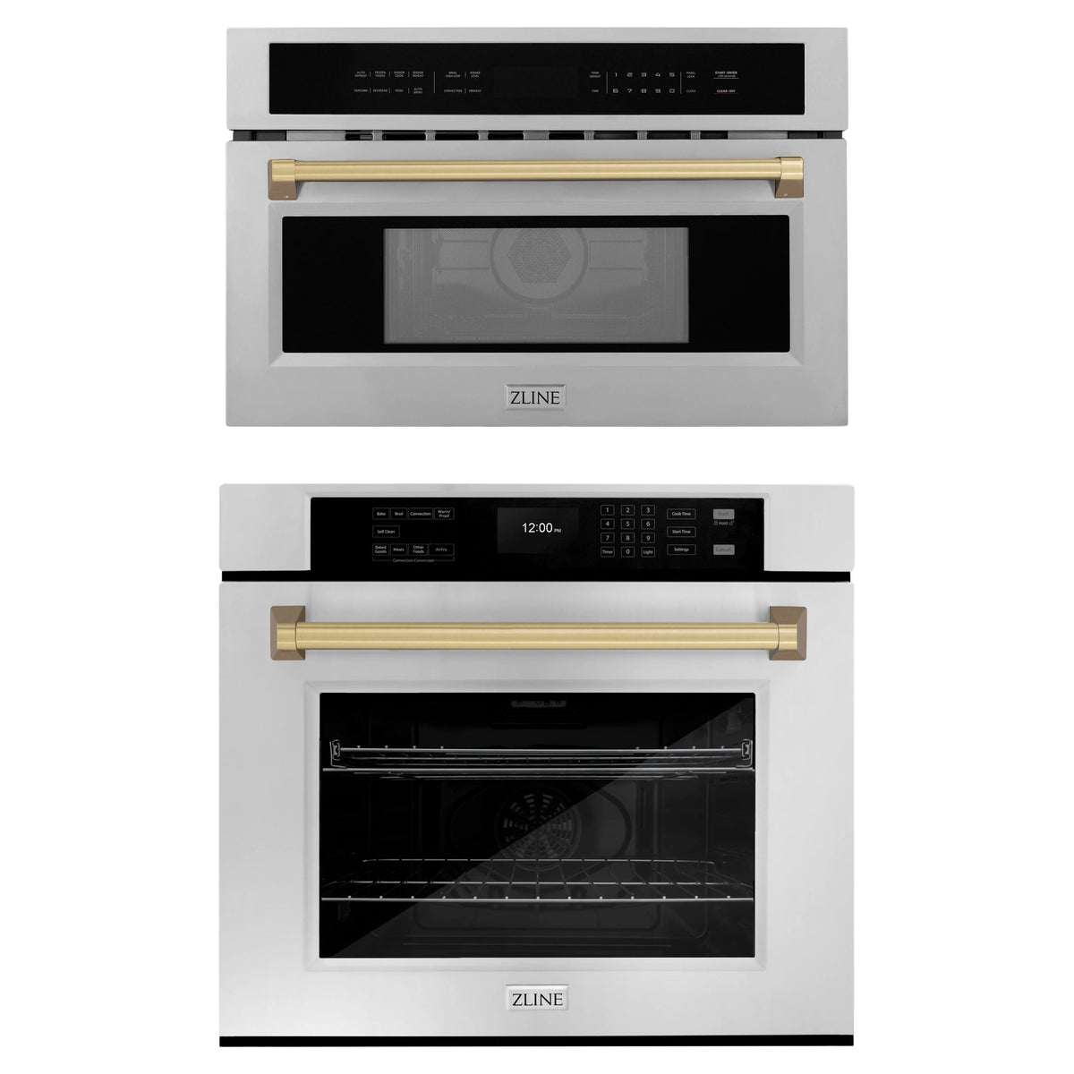 ZLINE Autograph Edition 2-Piece Appliance Package - 30-Inch Single Wall Oven with Self-Clean and 30-inch Built-In Microwave Oven in Stainless Steel with Champagne Bronze Trim