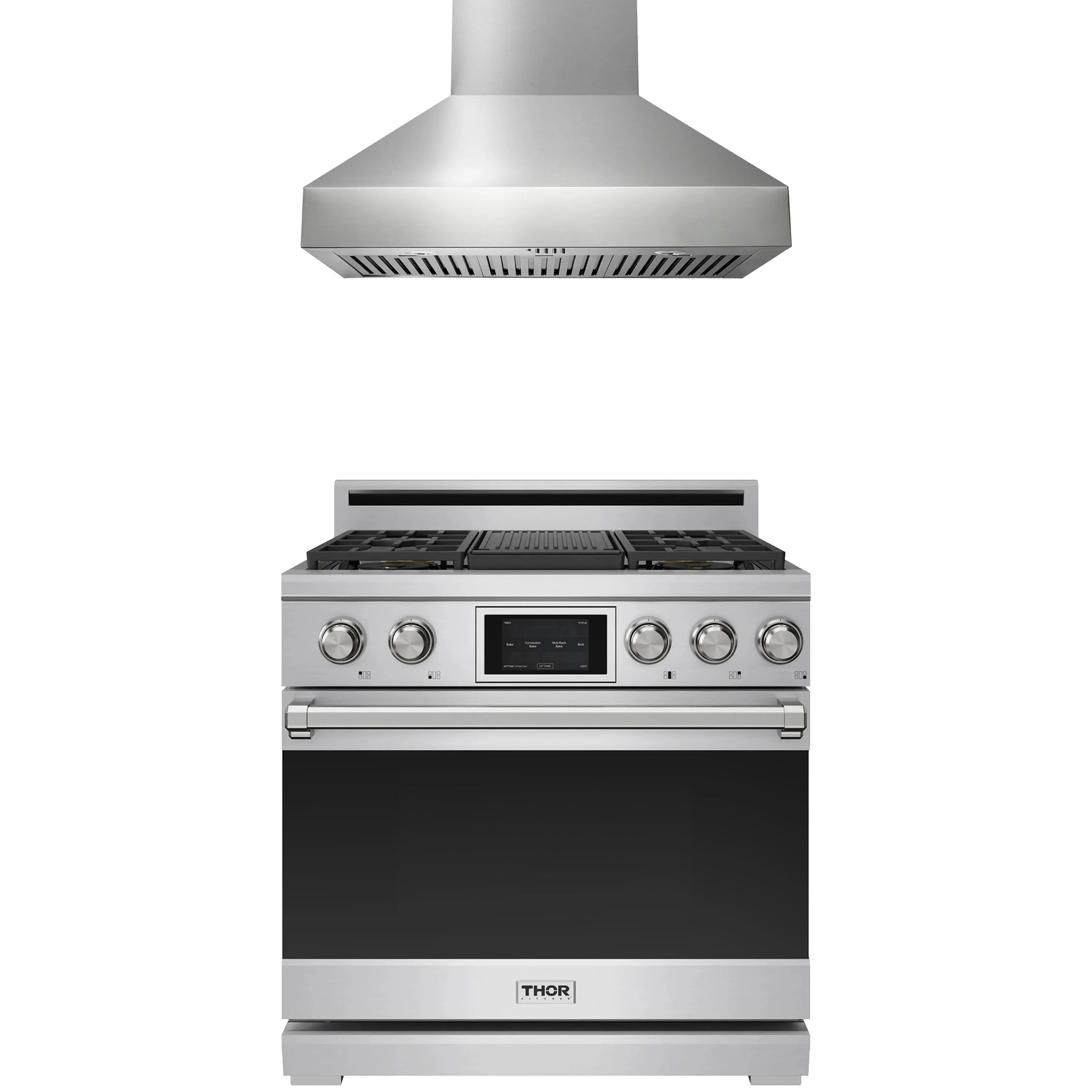 Thor stainless steel dual fuel range with front controls and display under hood