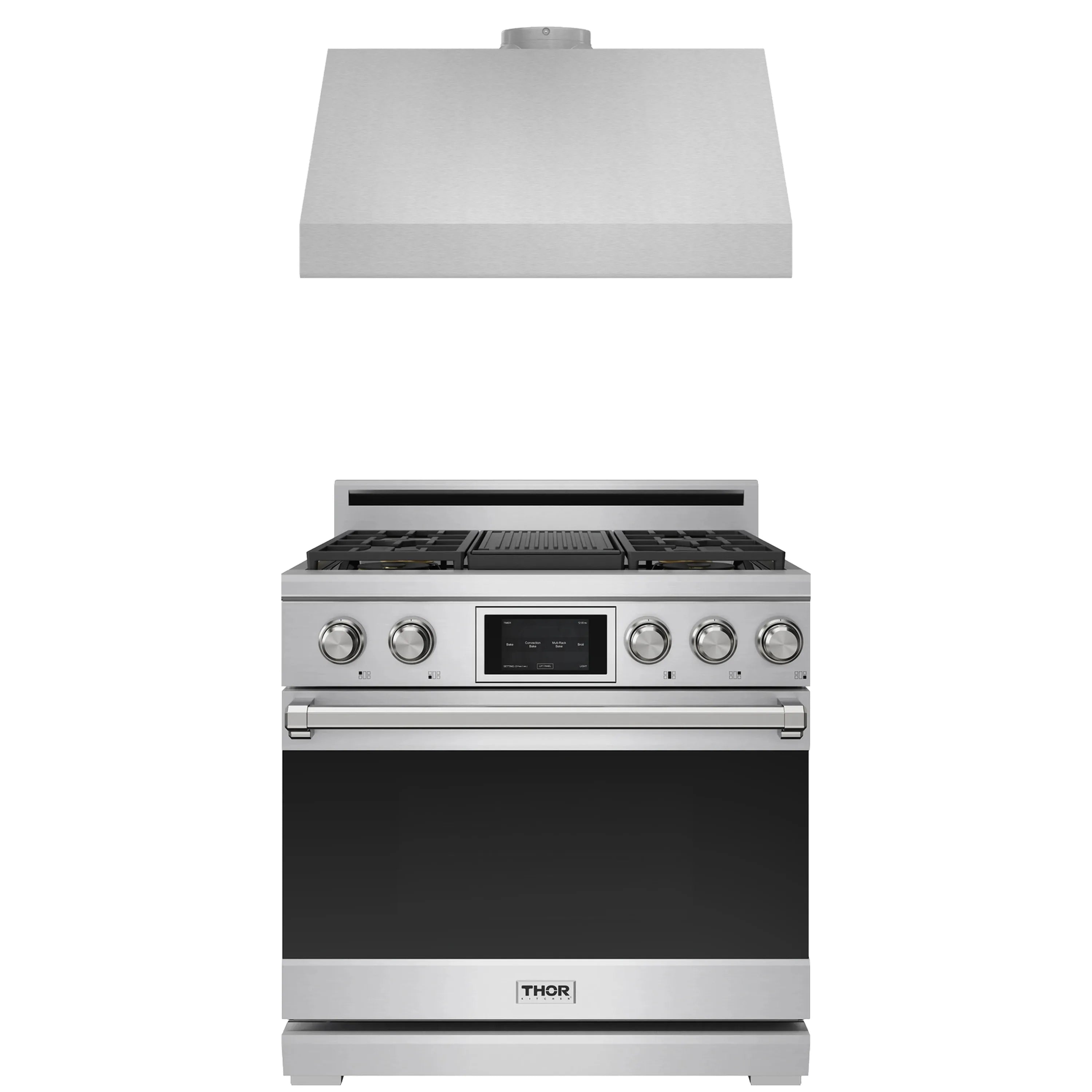 Stainless steel dual fuel range with black glass oven door, knobs, and open cooktop