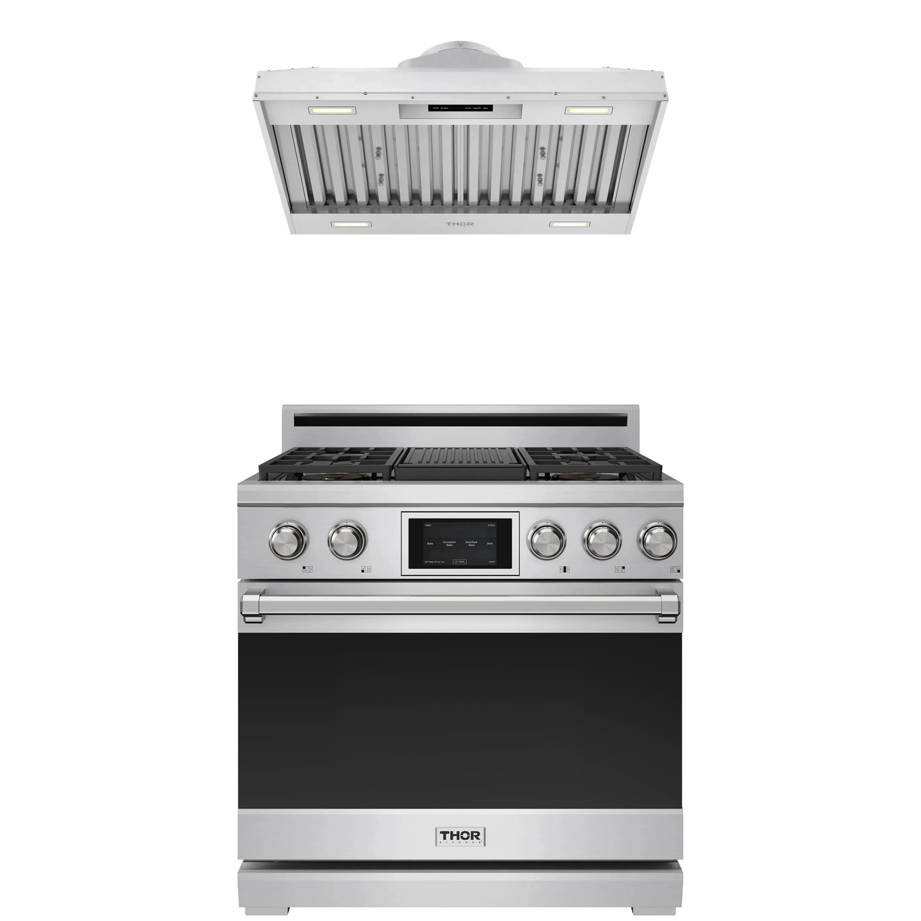 Stainless steel dual-fuel range with matching hood insert, front view with control panel