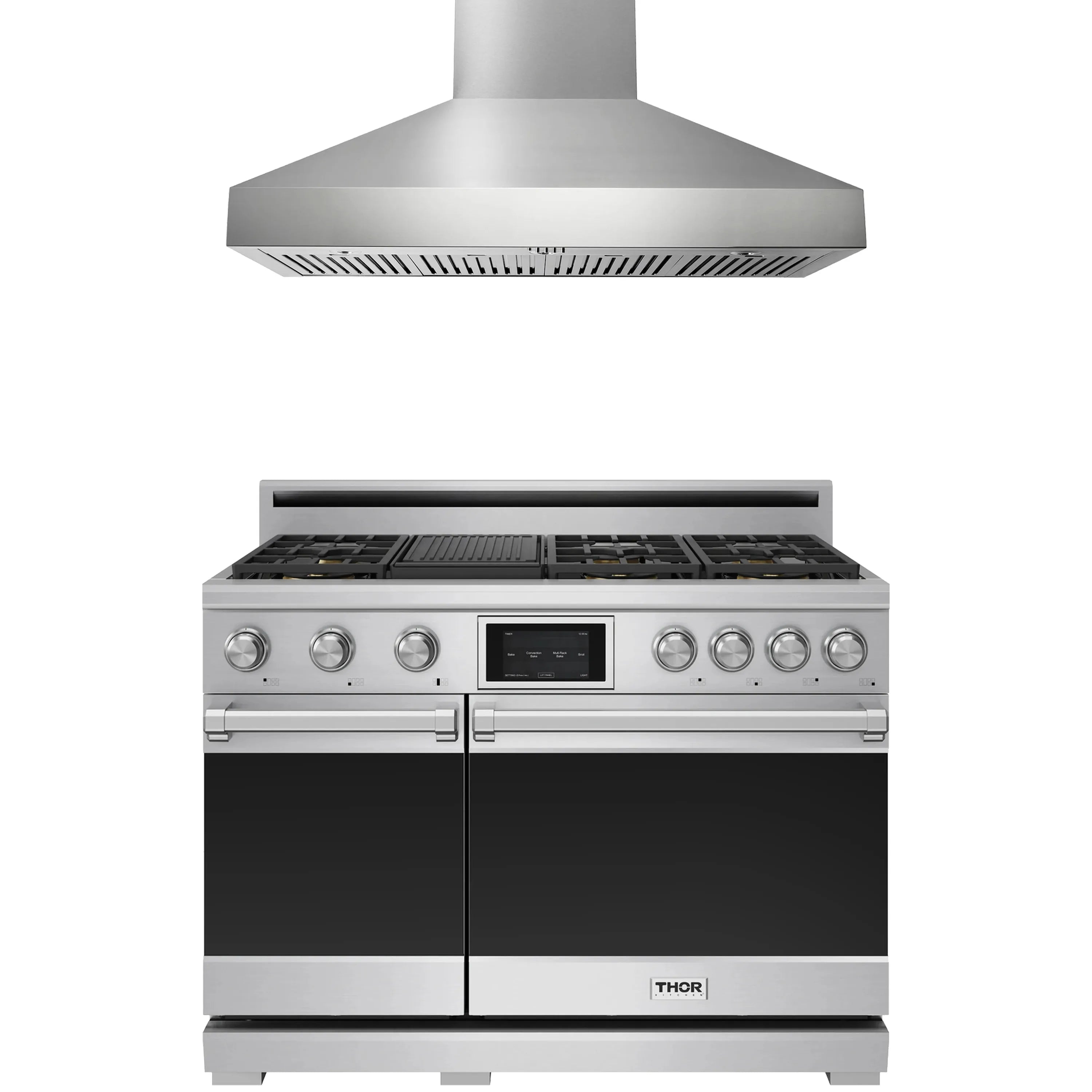 Stainless steel dual fuel range with front controls and wall-mount hood above