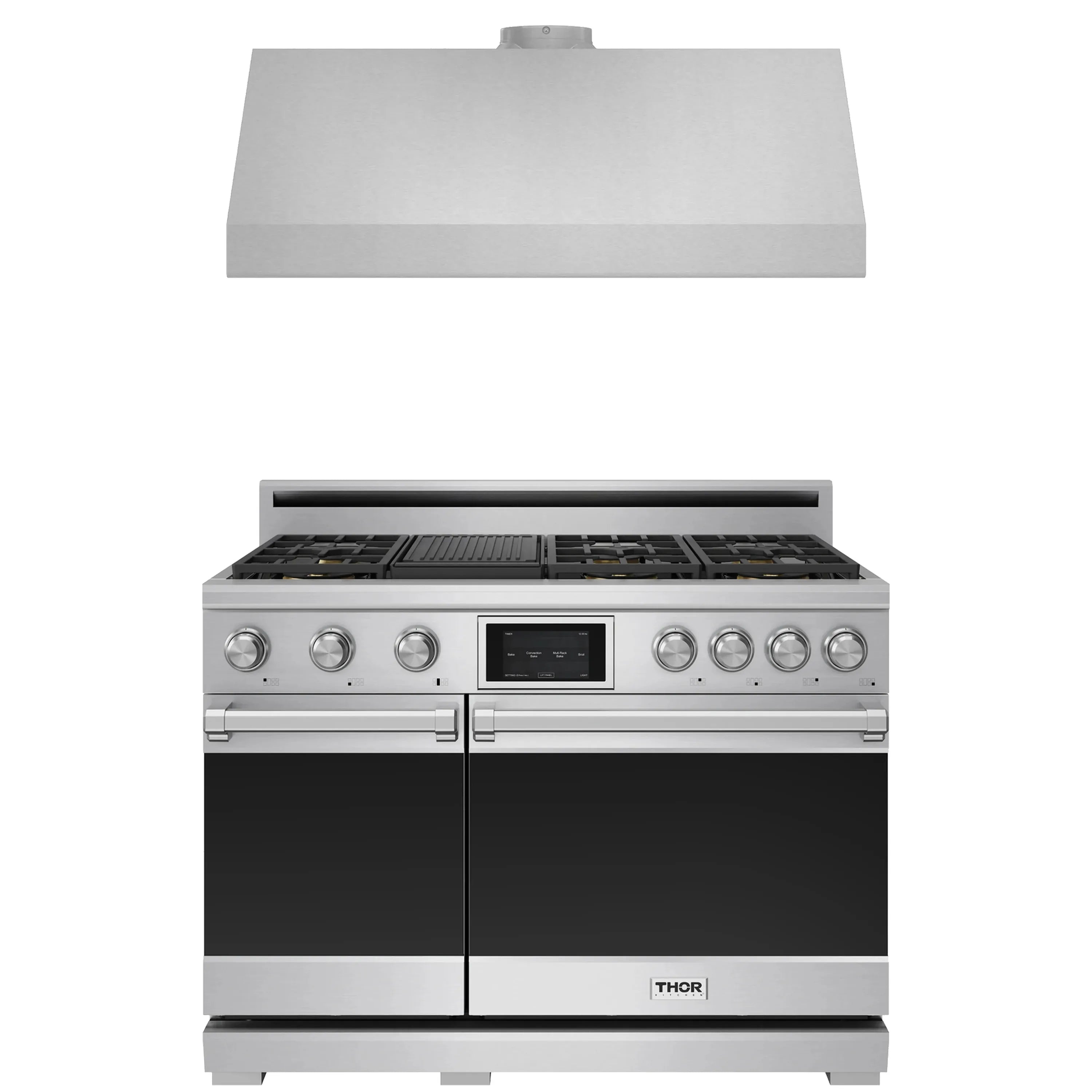 Stainless steel dual fuel range with under-cabinet hood and burner grates