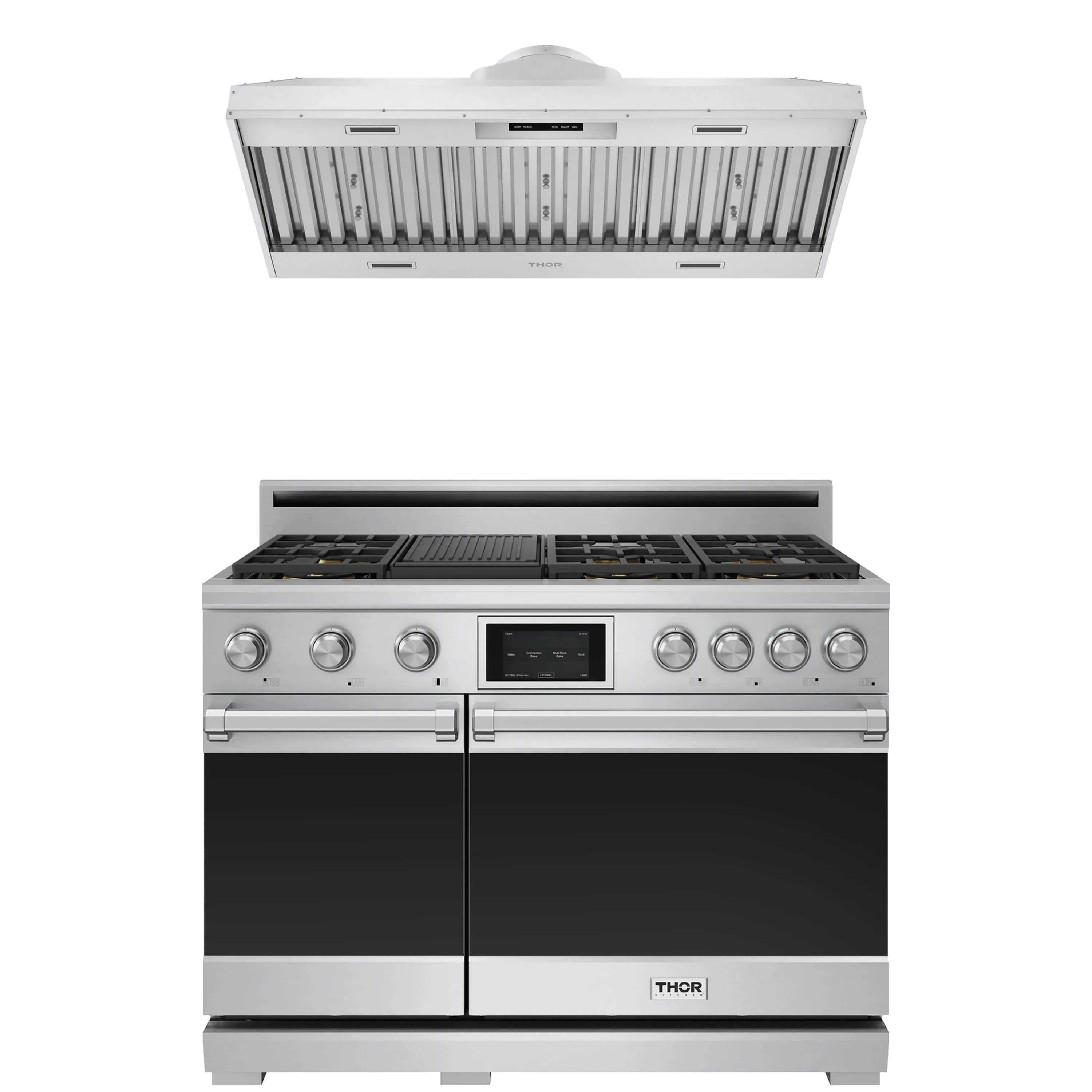 Stainless steel dual fuel range with overhead hood insert and burner grates