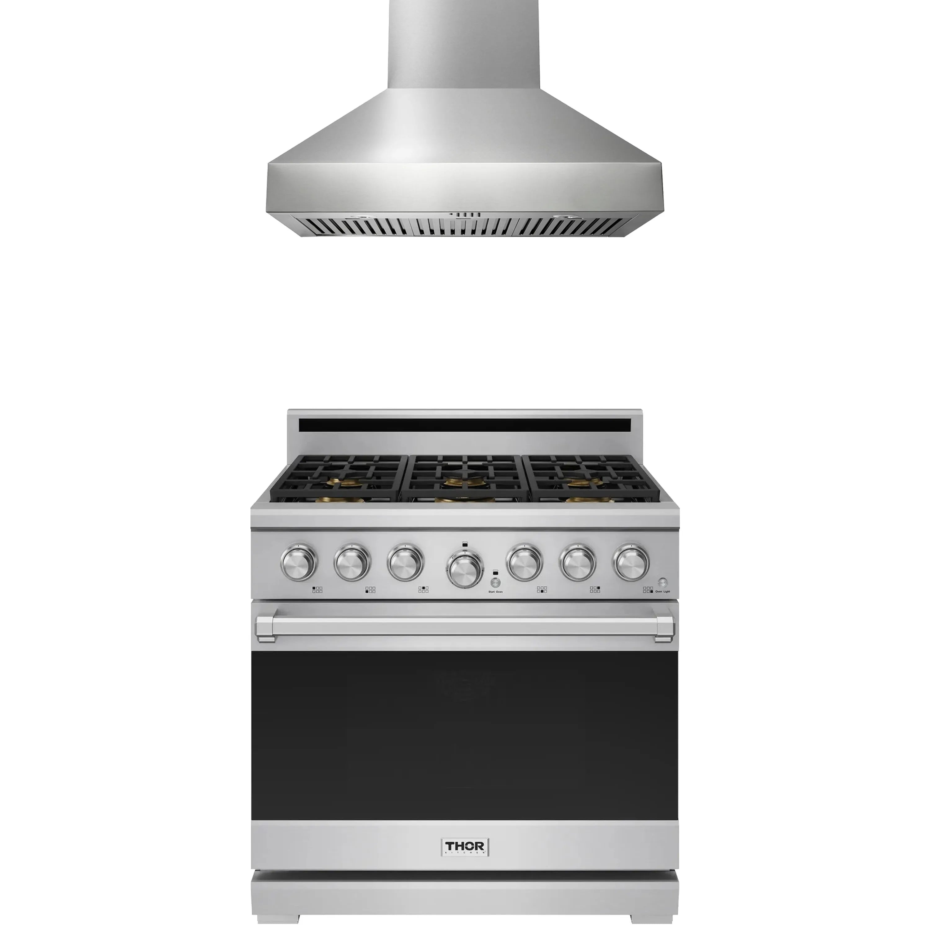 Stainless steel gas range with wall mount hood and control knobs