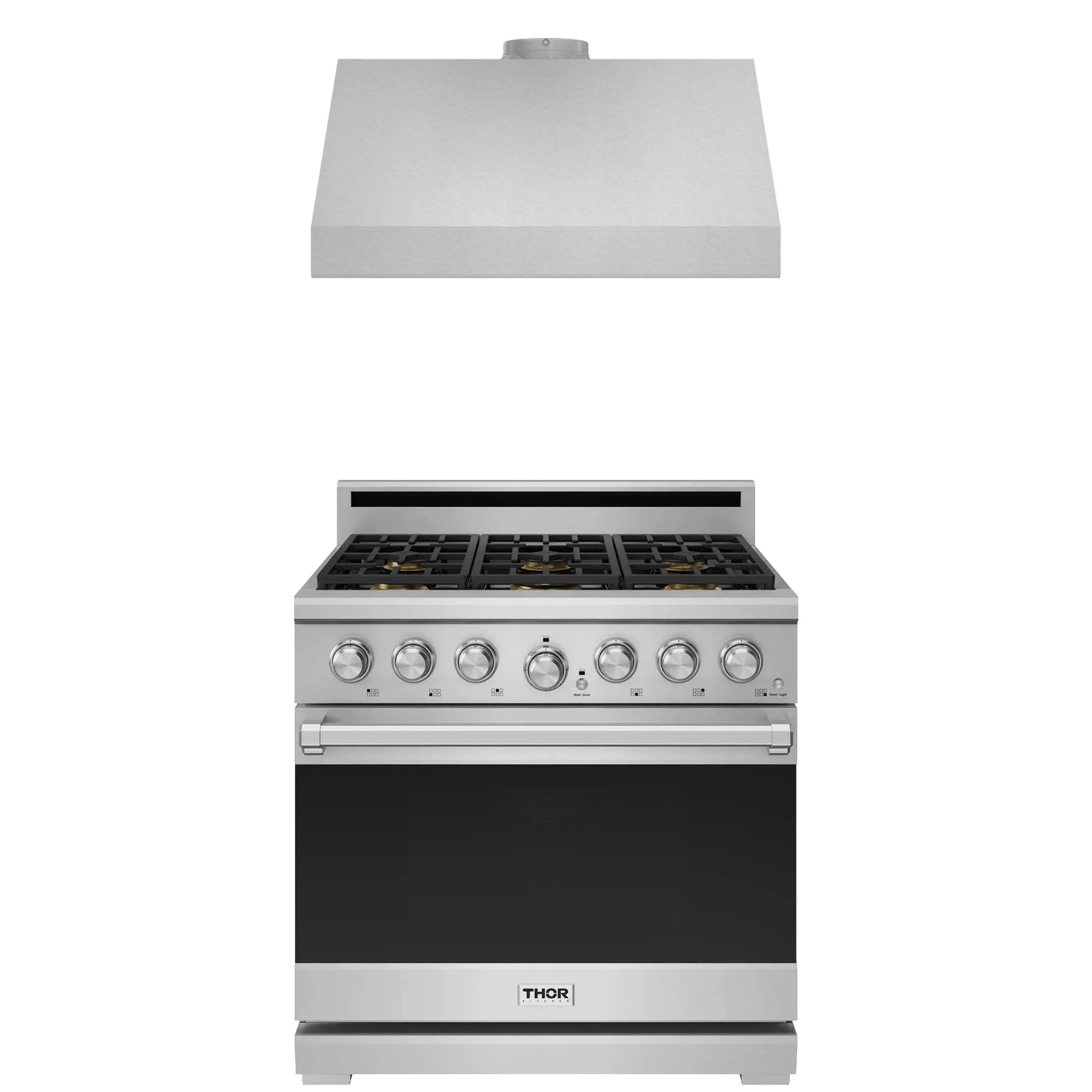 36-inch stainless steel propane gas range front with burner grates and control knobs