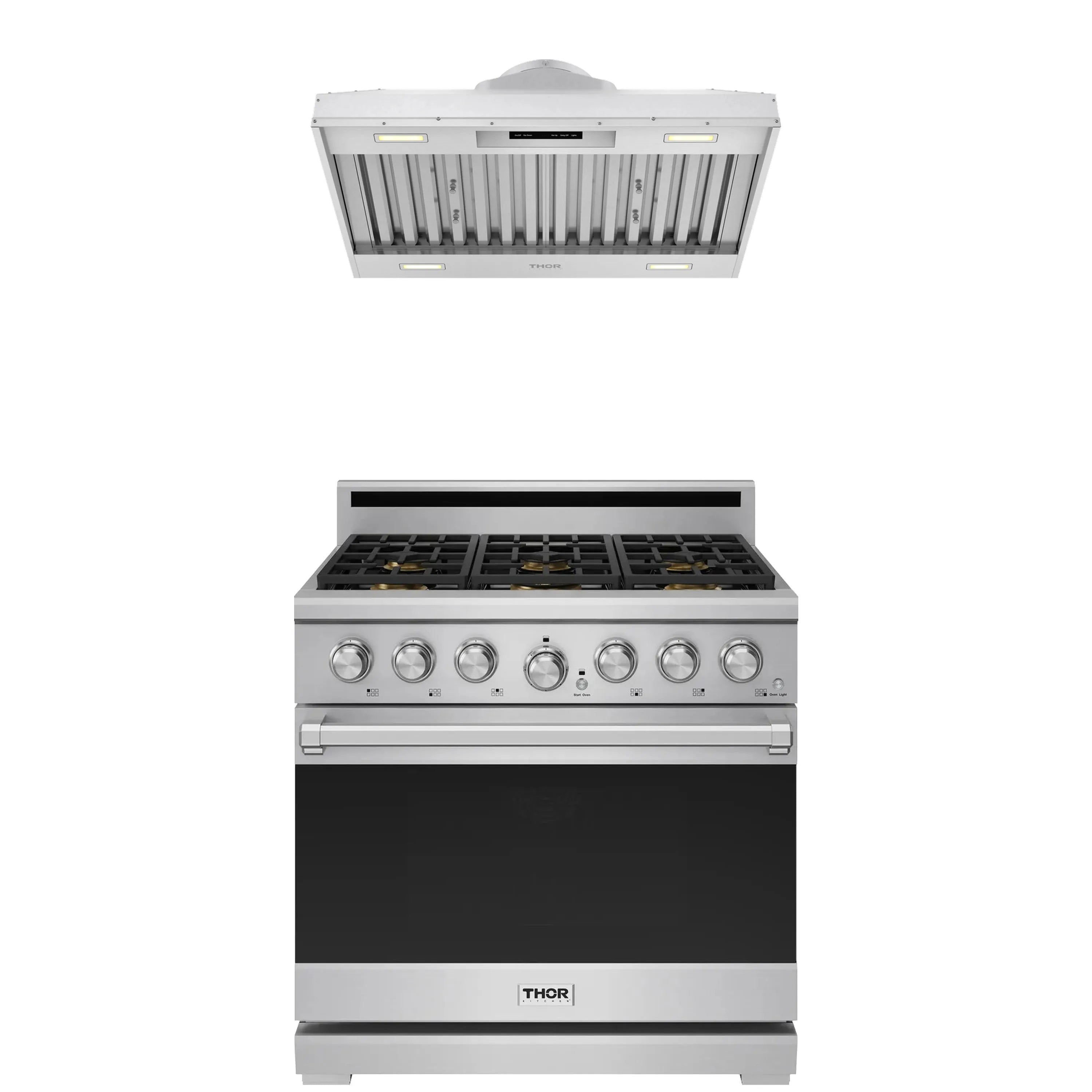 Stainless steel gas range with front controls and matching hood insert above