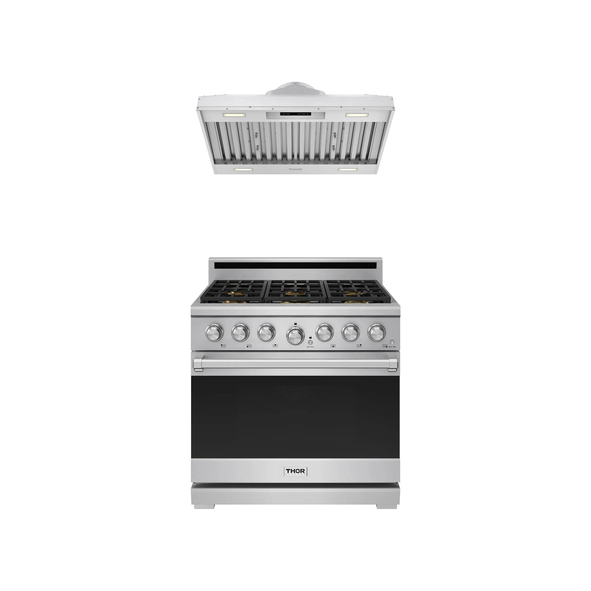 Thor Kitchen 2-Piece Appliance Package - 36-Inch Propane Gas Range & Hood Insert in Stainless Steel