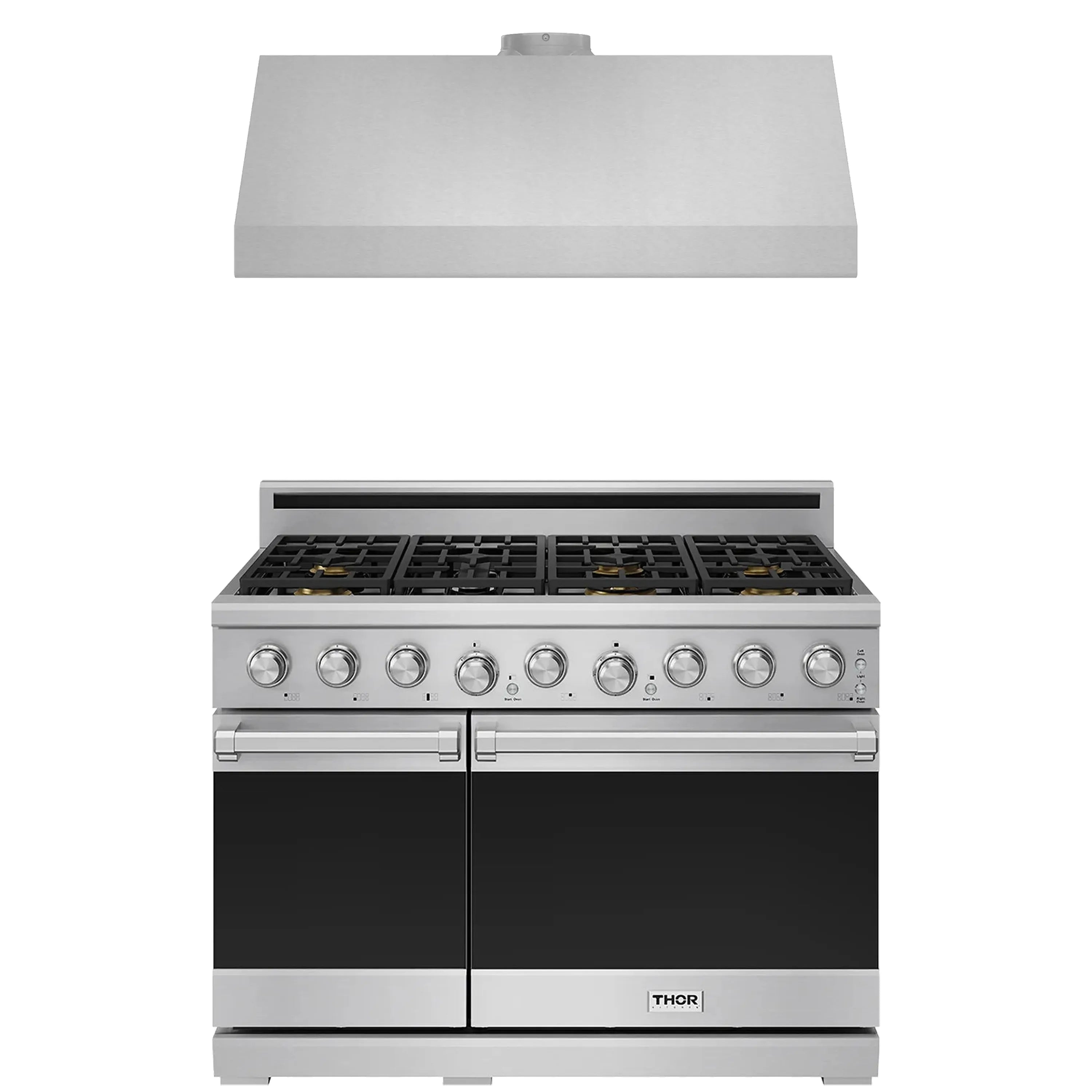 Stainless steel propane gas range with front knobs, black oven doors