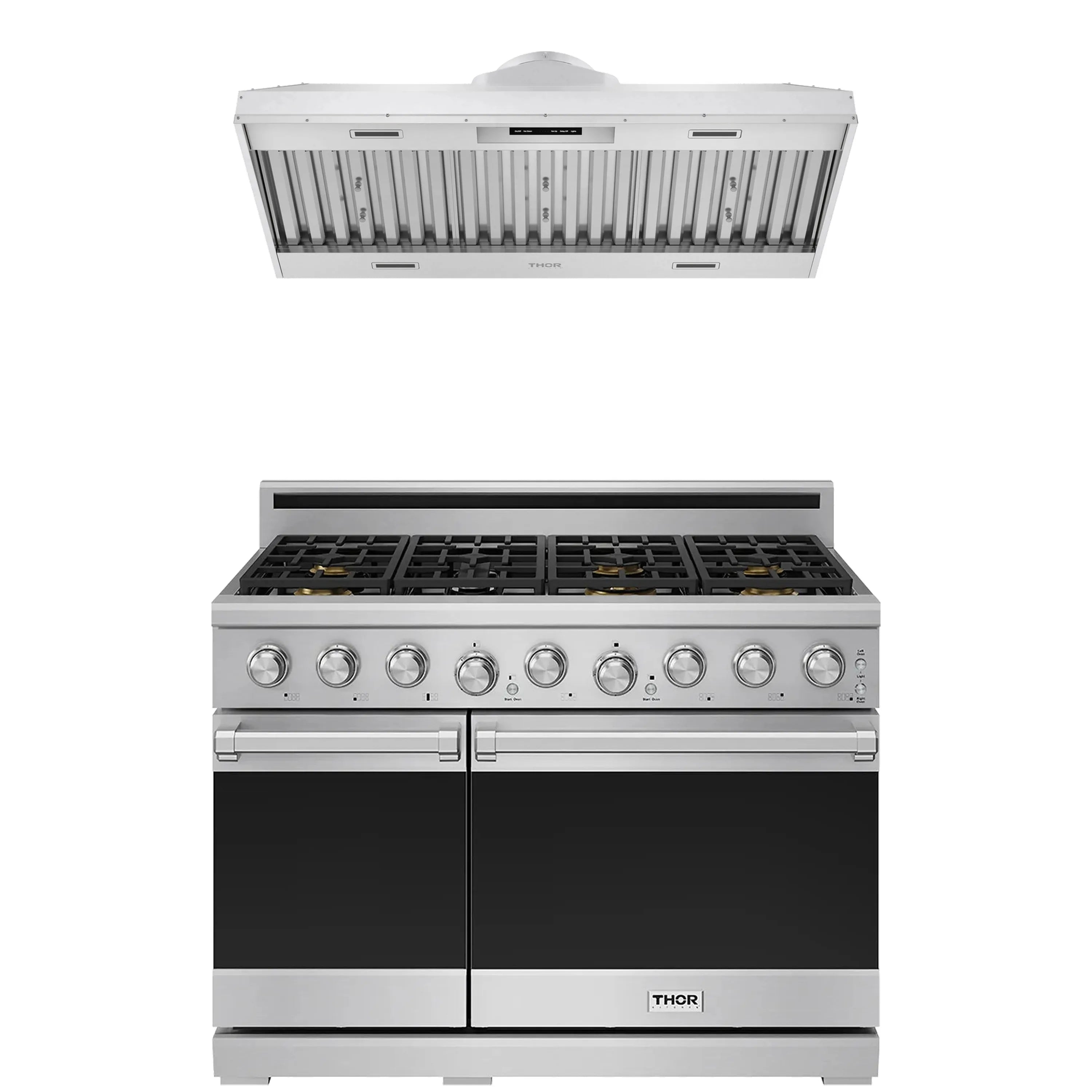 Stainless gas range with open hood insert and black burner grates
