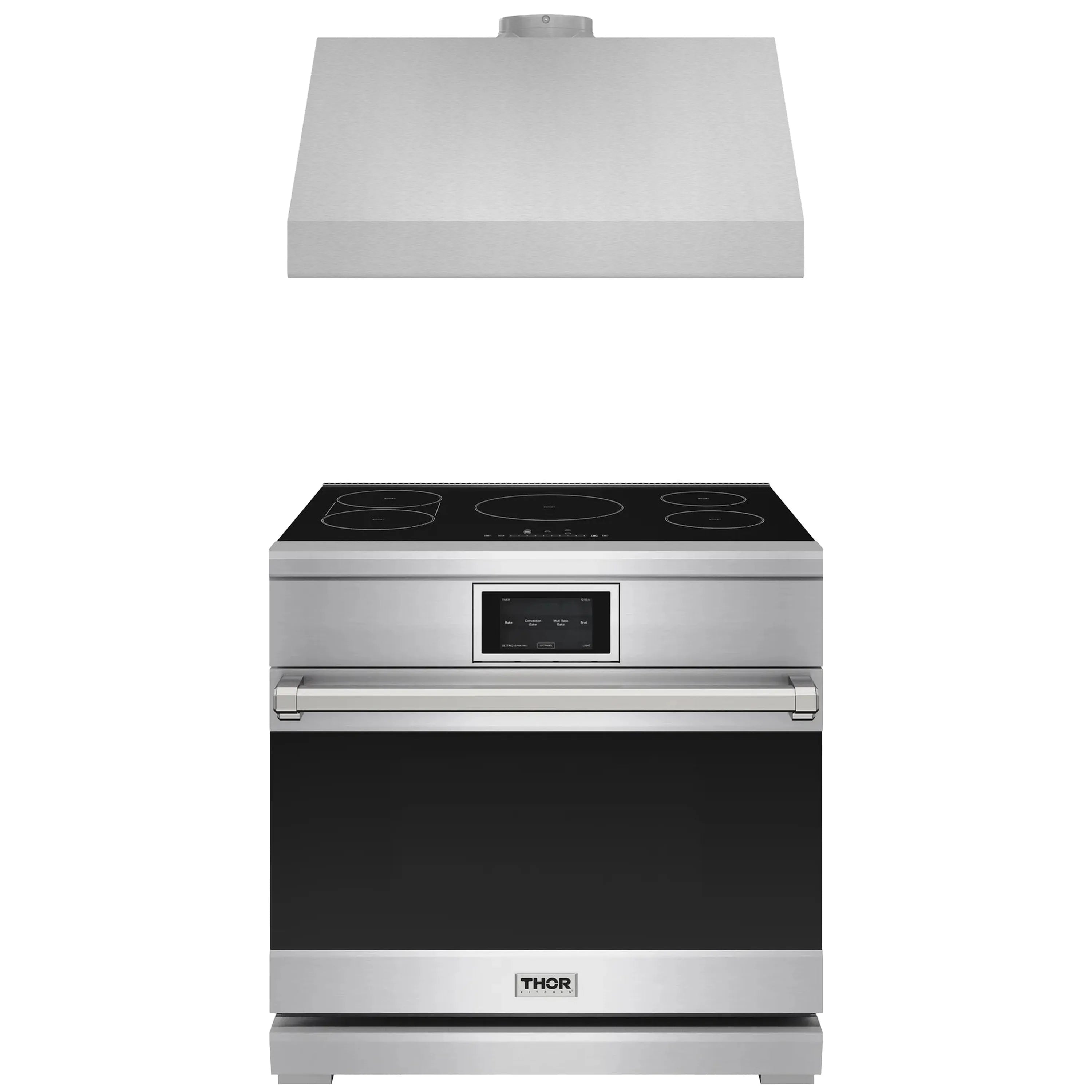 Stainless steel 36-inch induction range with glass cooktop and control display
