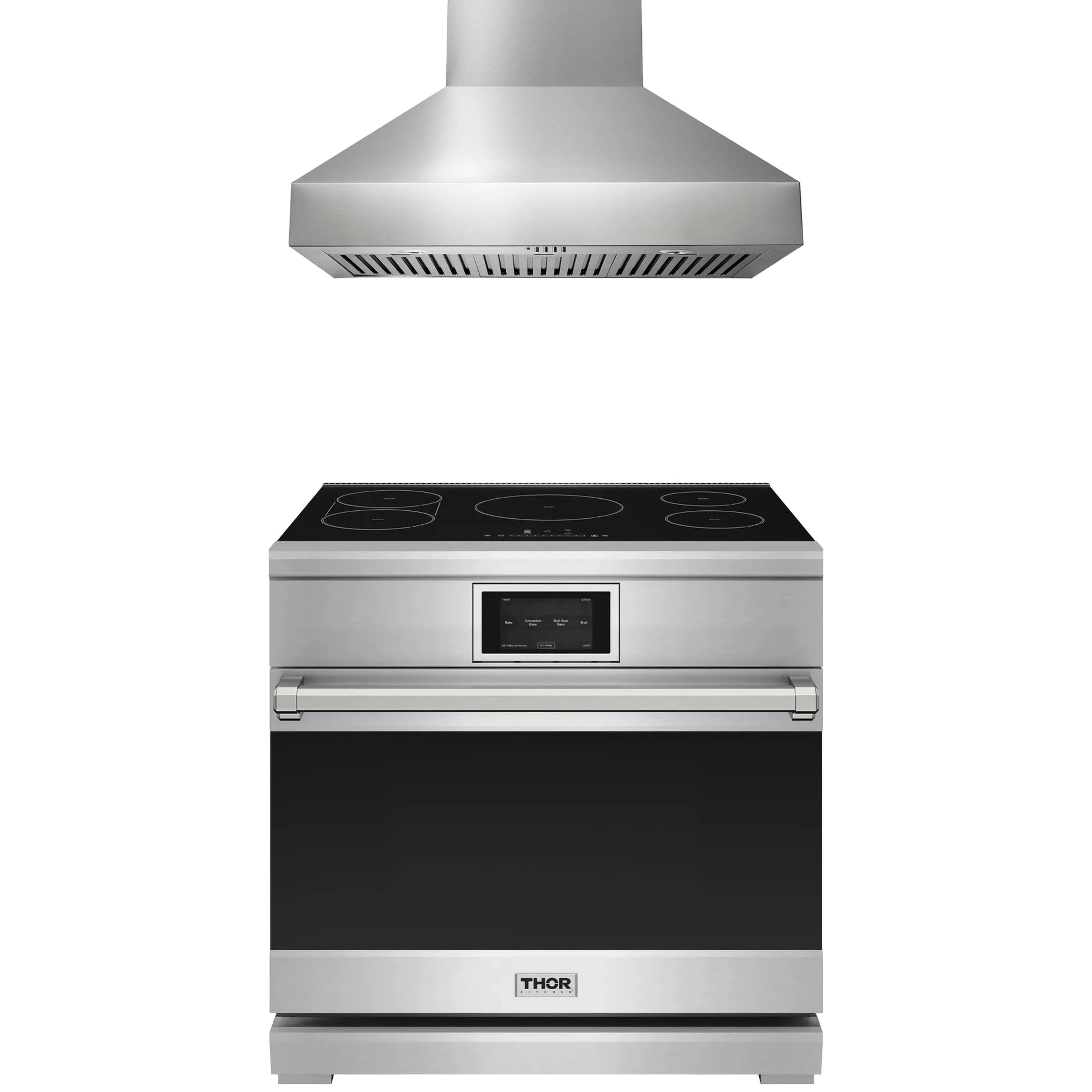 Stainless steel induction range with control panel and wall-mount hood