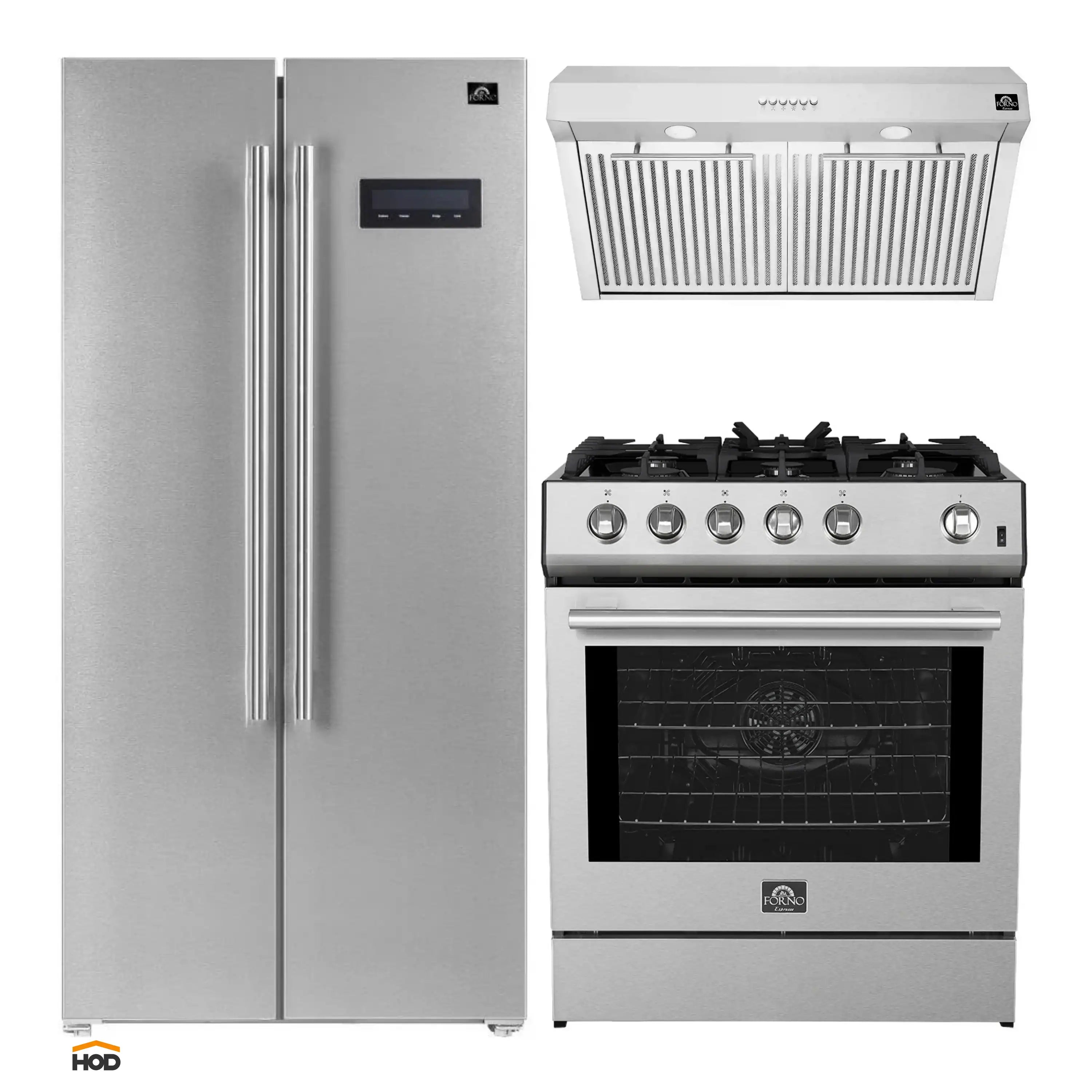 Three-piece kitchen appliance set: side-by-side refrigerator, gas range, and hood