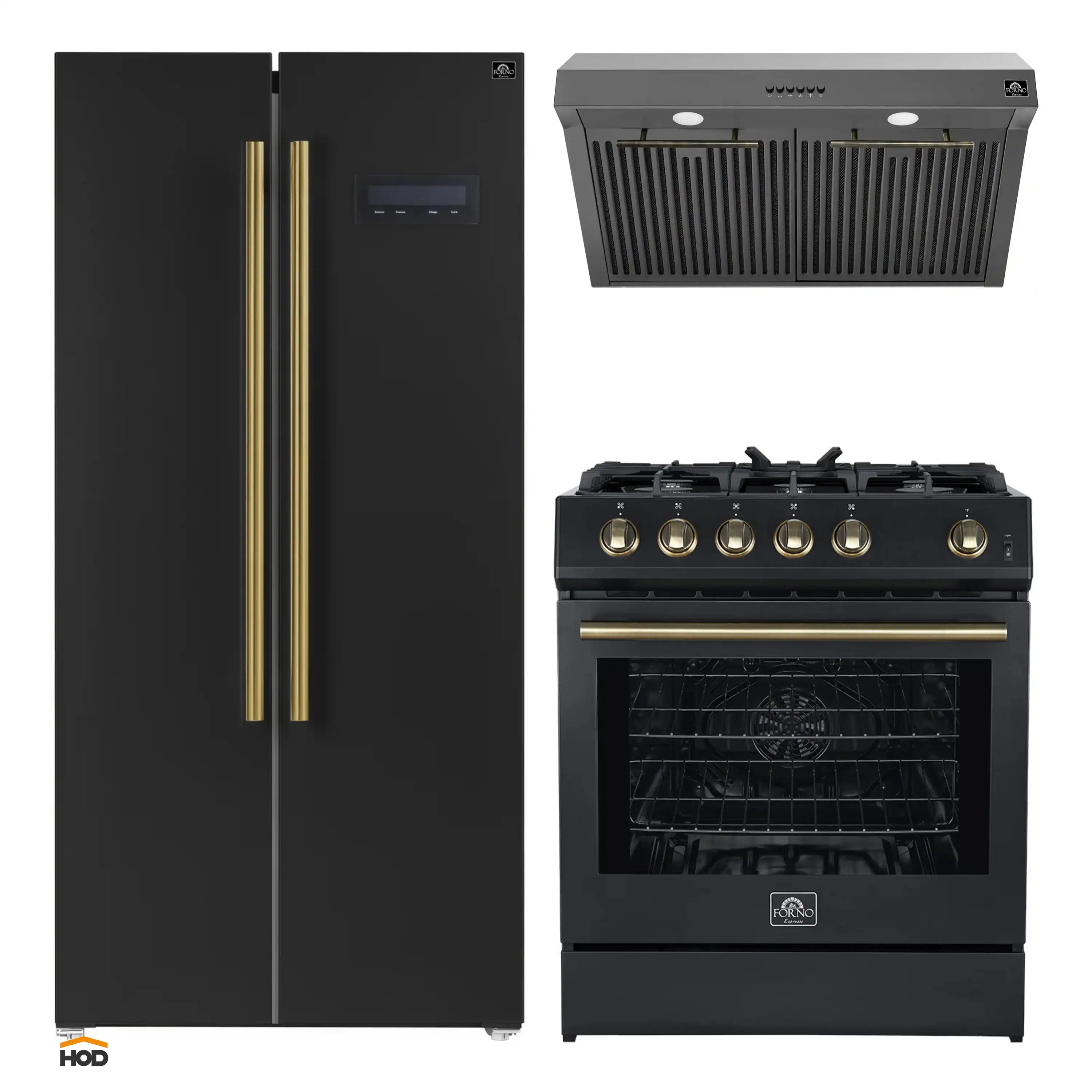 Black refrigerator, under-cabinet range hood, and gas range with brass trim
