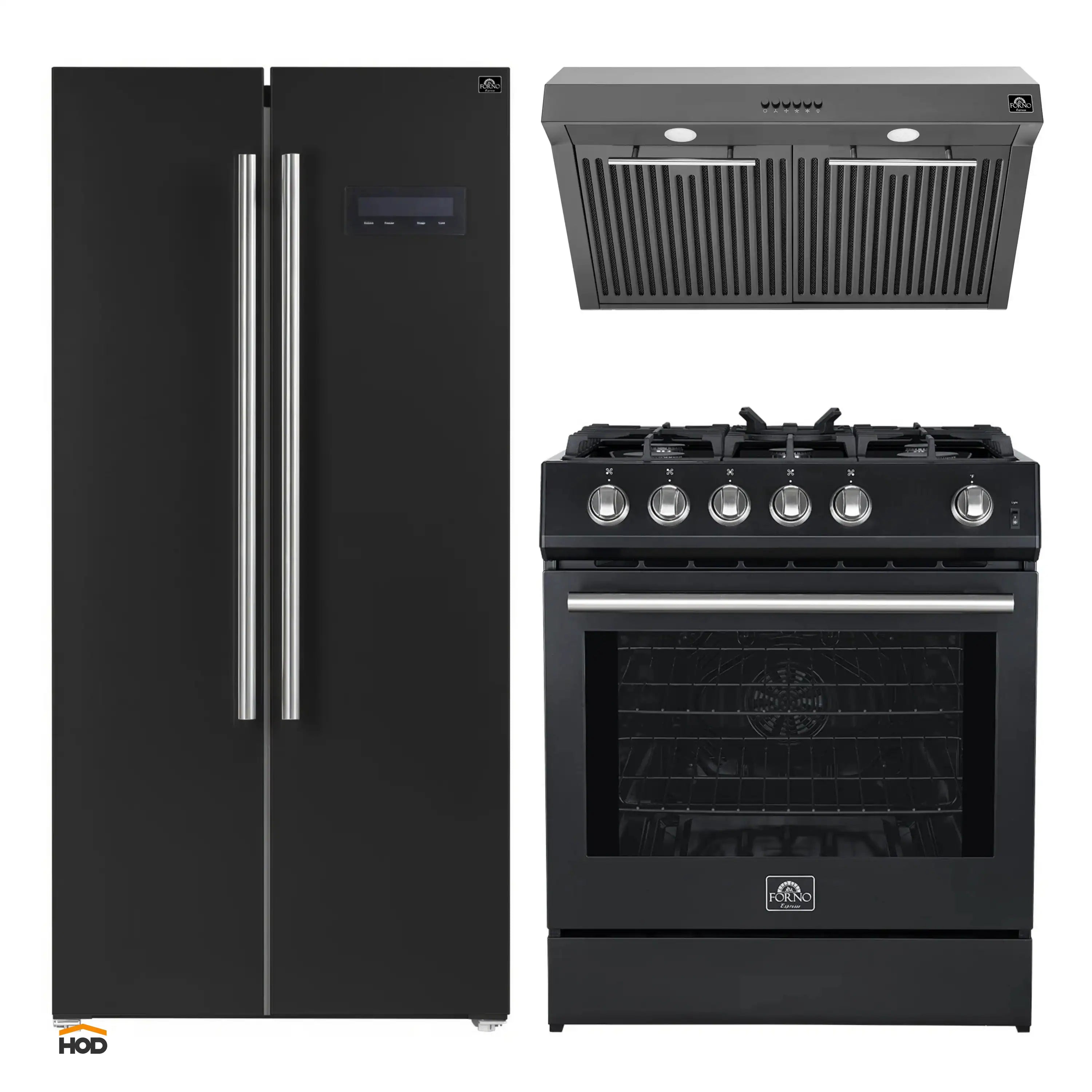 Black refrigerator, gas range with knobs and oven window, and under-cabinet hood