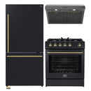 Forno 3-Piece Appliance Package - 30-Inch Gas Range, Under Cabinet Range Hood, & Refrigerator in Black with Antique Brass Trim