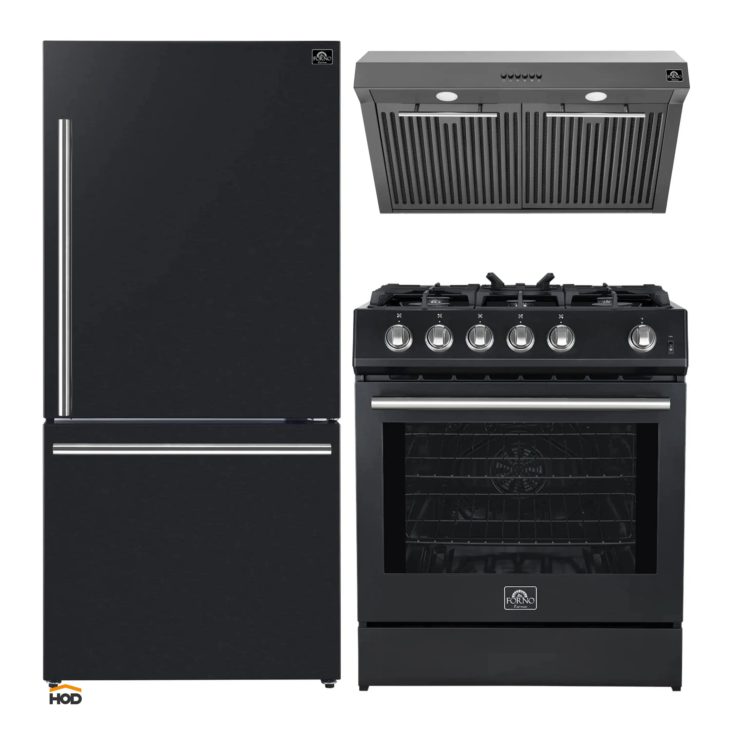 Black refrigerator, gas range with stainless knobs, and under-cabinet range hood