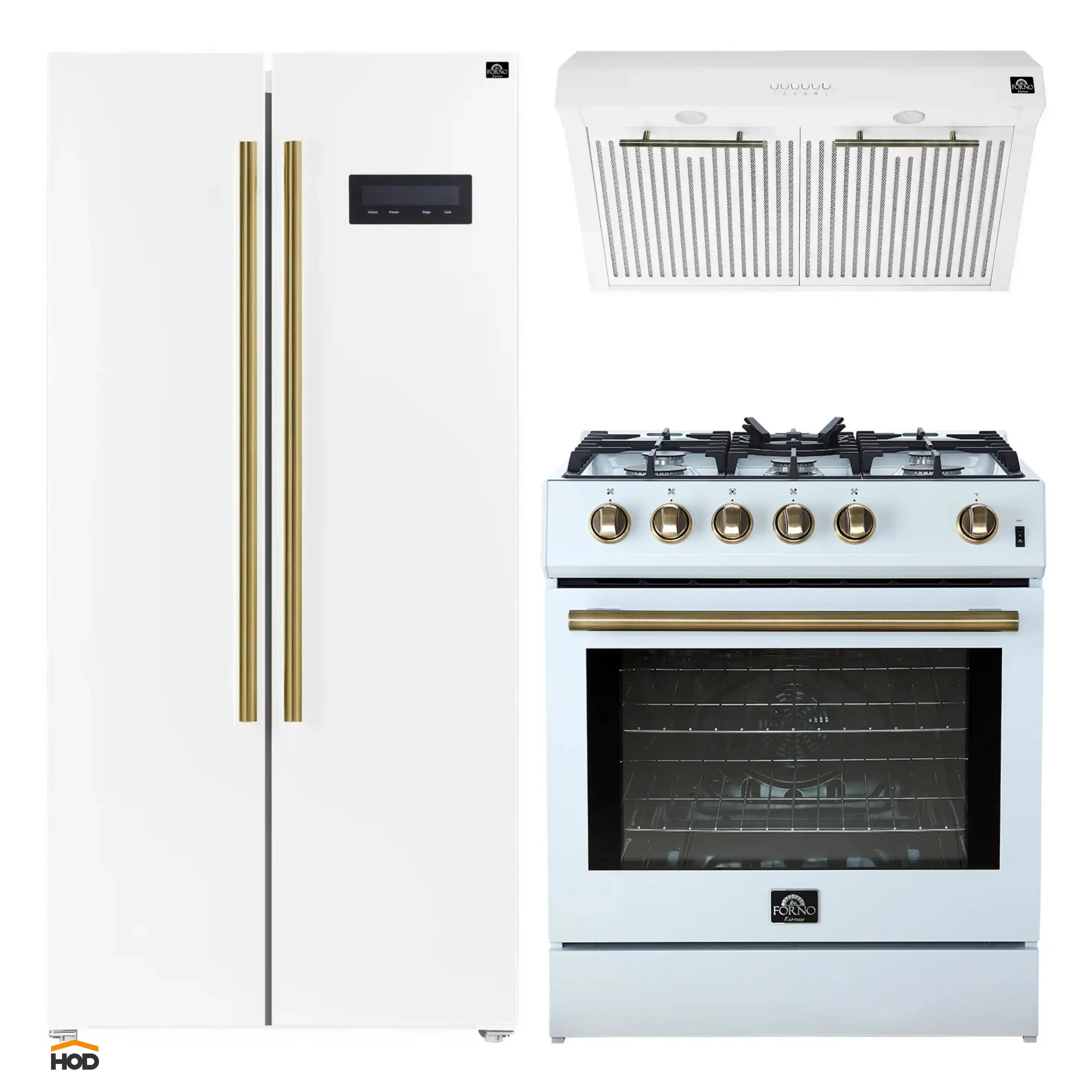 White appliance package: side-by-side refrigerator, gas range with brass trim, range hood.