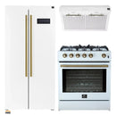 Forno 3-Piece Appliance Package - 30-Inch Gas Range, Under Cabinet Range Hood, & Side-by-Side Refrigerator in White with Antique Brass Trim