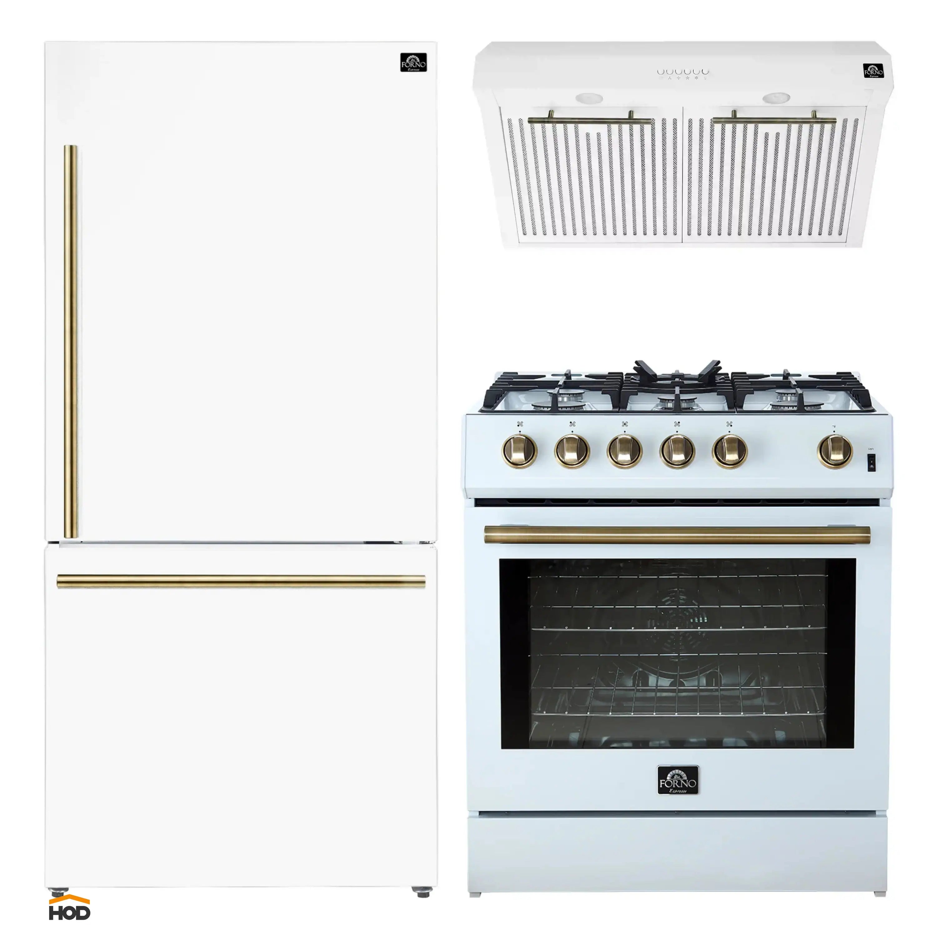 3-piece white appliance package: refrigerator, gas range, and under-cabinet hood with brass trim
