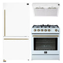 Forno 3-Piece Appliance Package - 30-Inch Gas Range, Under Cabinet Range Hood, & Refrigerator in White with Antique Brass Trim