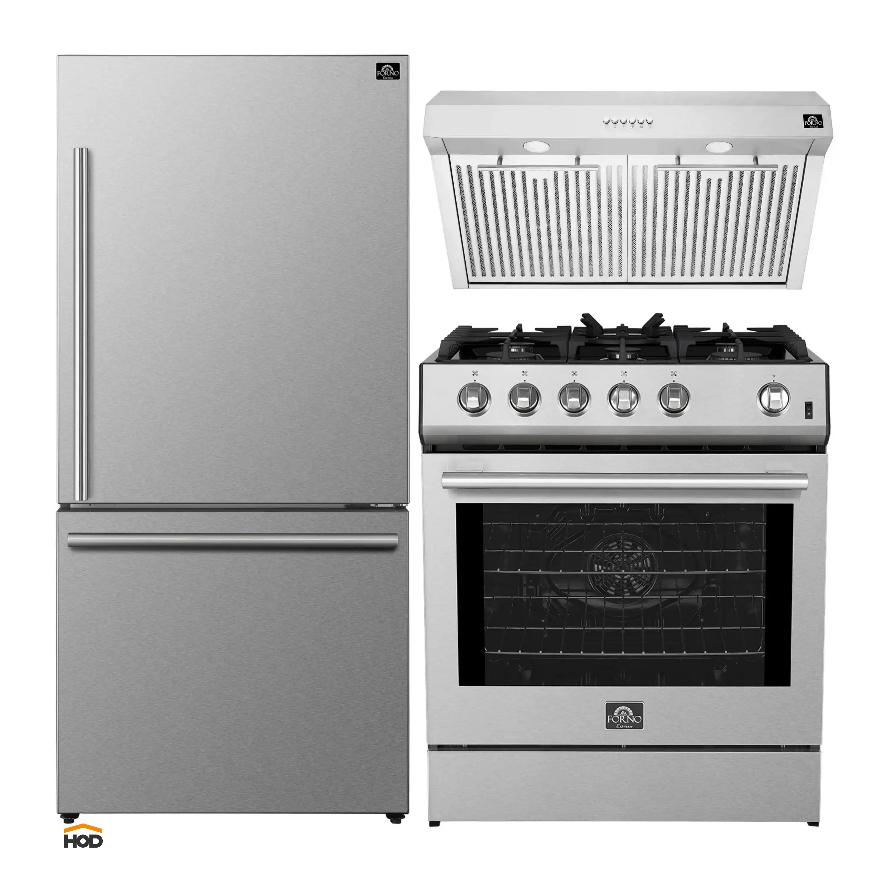 Forno 3-piece appliance package with refrigerator, gas range, and under-cabinet hood