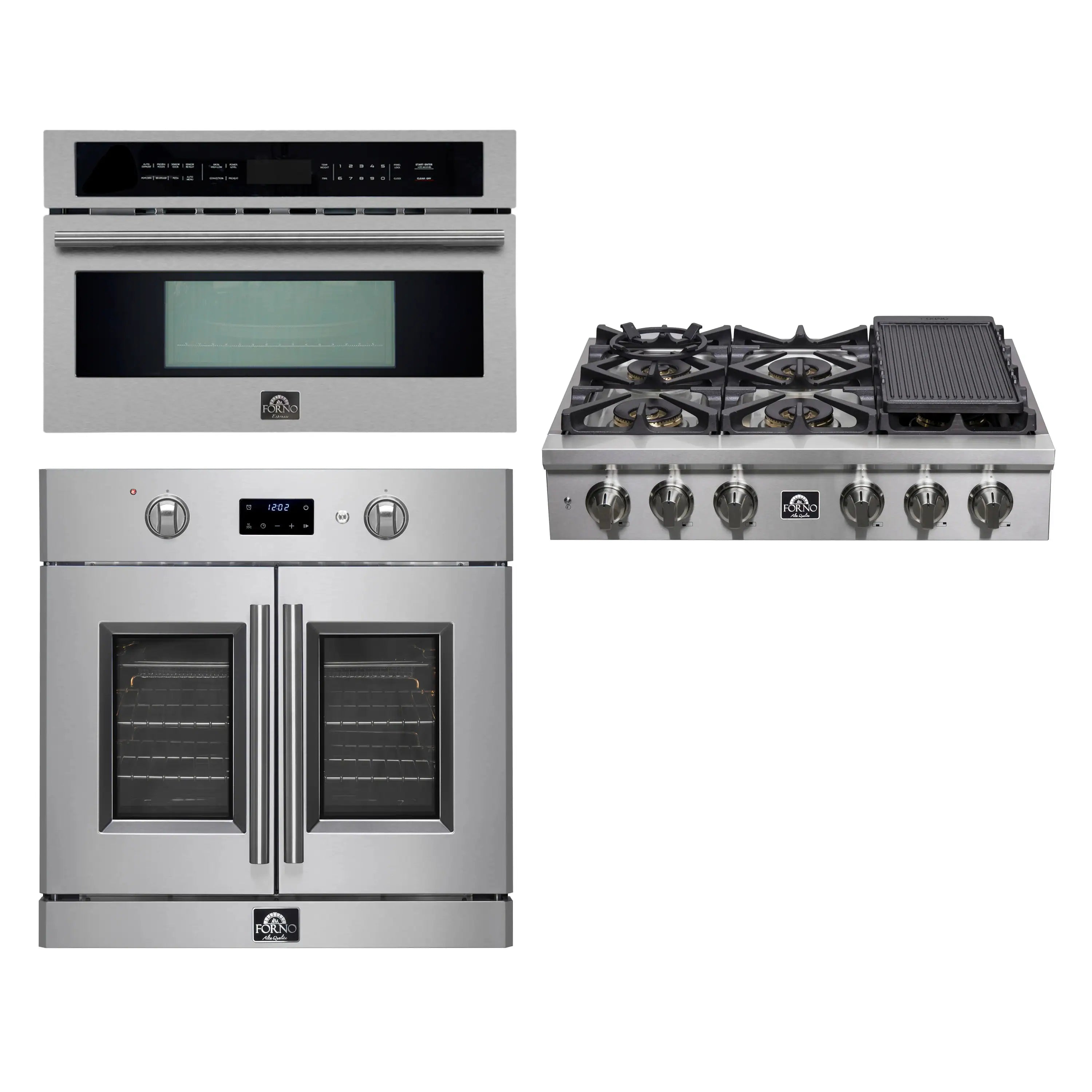 Stainless steel 3-piece appliance set: wall oven, microwave, and gas rangetop