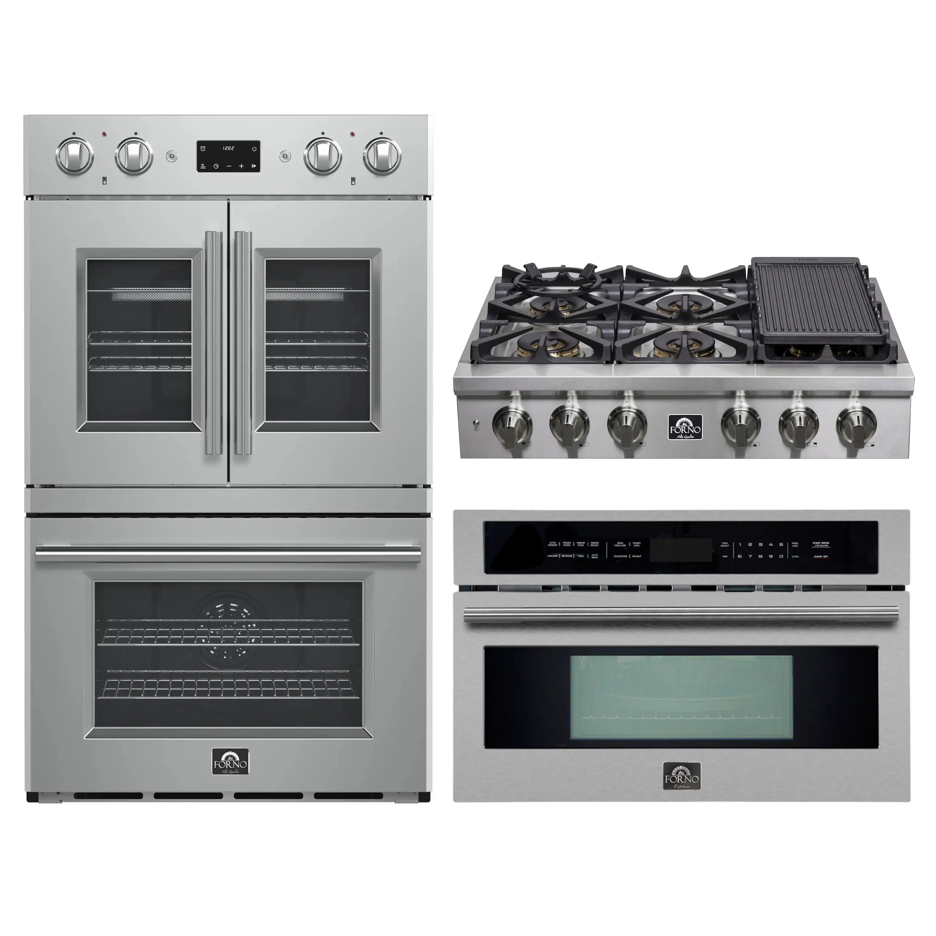 Stainless steel range, double oven, and microwave appliance package
