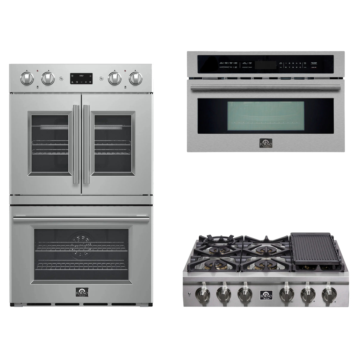 Forno 3-Piece Appliance Package - 36-Inch Spezia Gas Rangetop, French Door Double Wall Oven & Microwave Oven in Stainless Steel