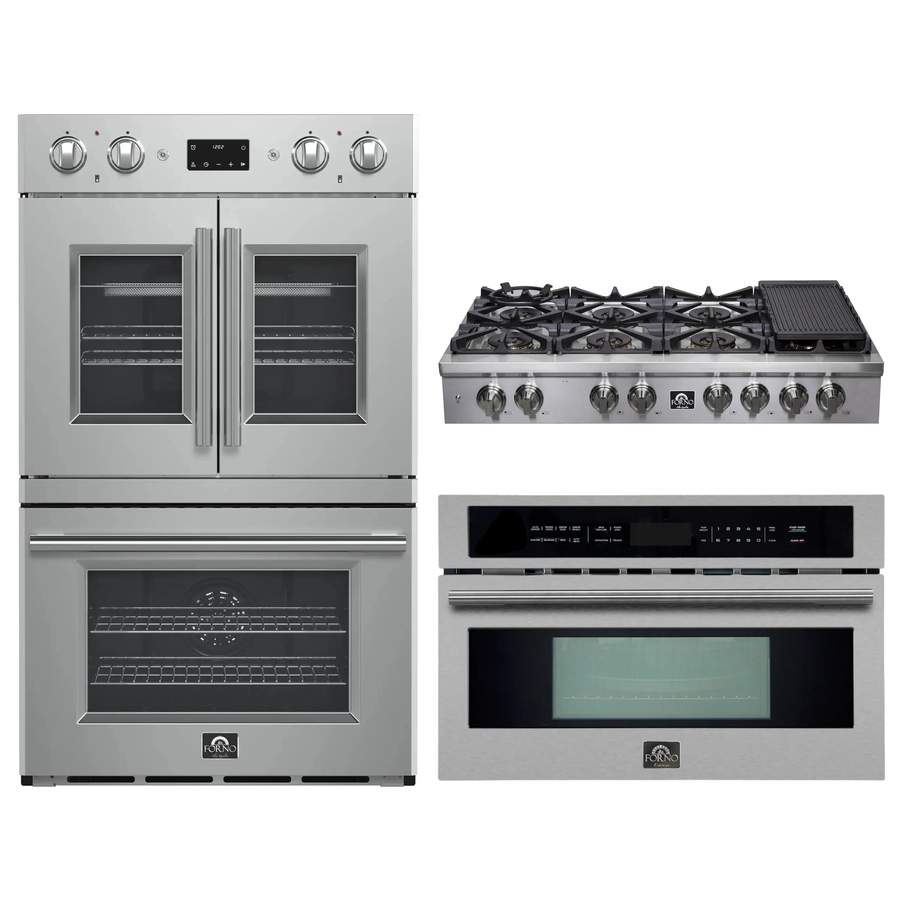 Stainless appliance package with double wall oven, gas cooktop, and microwave