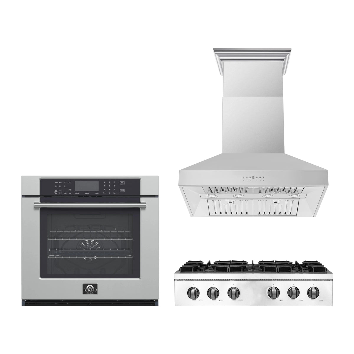 Forno 3-Piece Appliance Package - 36-Inch Lseo Gas Rangetop, Villarosa Electric Wall Oven & Wall Mount Range Hood in Stainless Steel