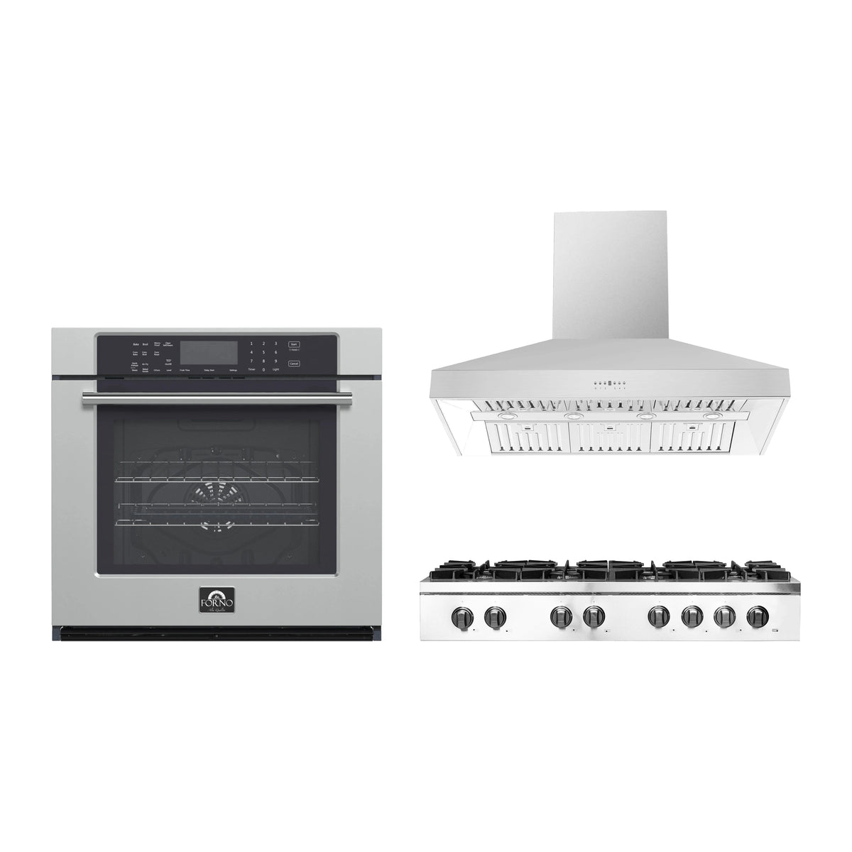 Forno 3-Piece Appliance Package - 48-Inch Lseo Gas Rangetop, Villarosa Electric Wall Oven & Wall Mount Range Hood in Stainless Steel
