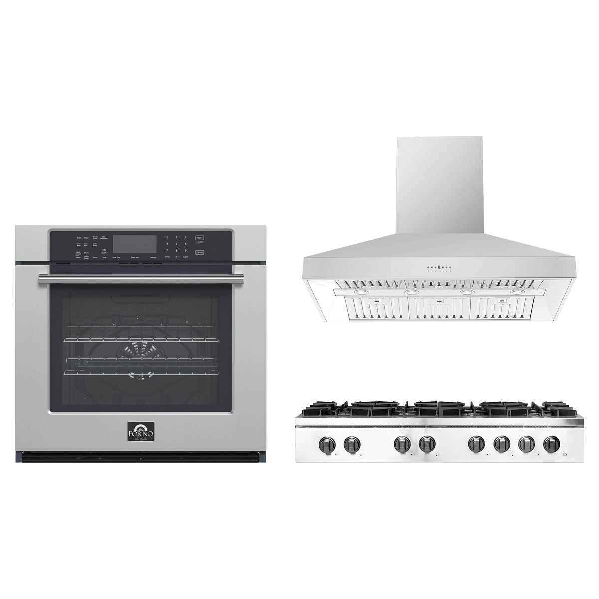 Forno 3-Piece Appliance Package - 48-Inch Lseo Gas Rangetop, Villarosa Electric Wall Oven & Wall Mount Range Hood in Stainless Steel