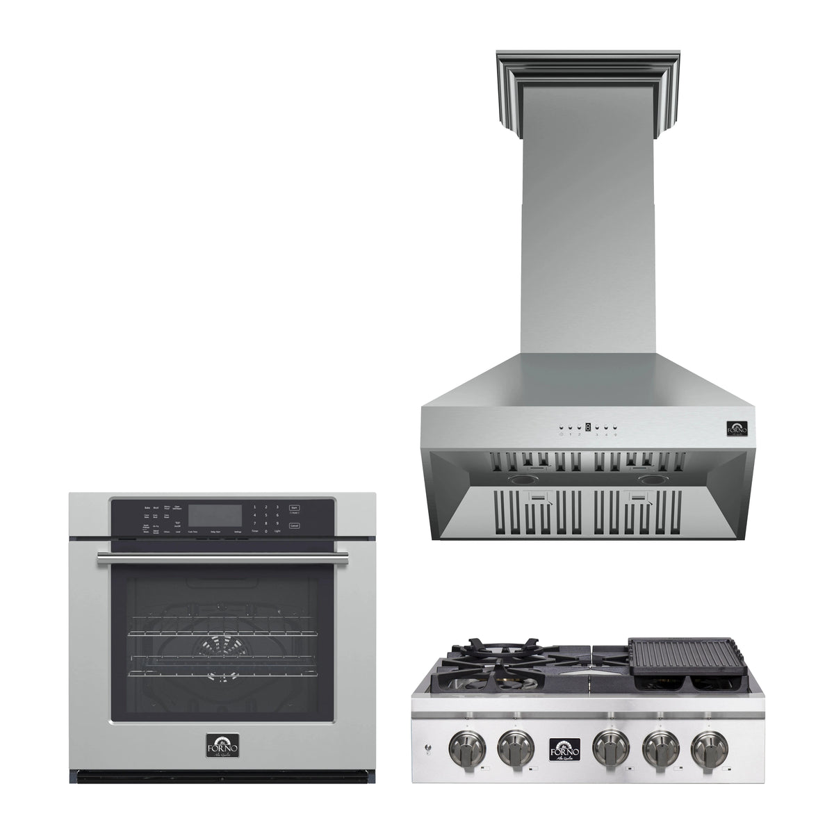 Forno 3-Piece Appliance Package - 30-Inch Spezia Gas Rangetop, Villarosa Electric Wall Oven & Wall Mount Range Hood in Stainless Steel
