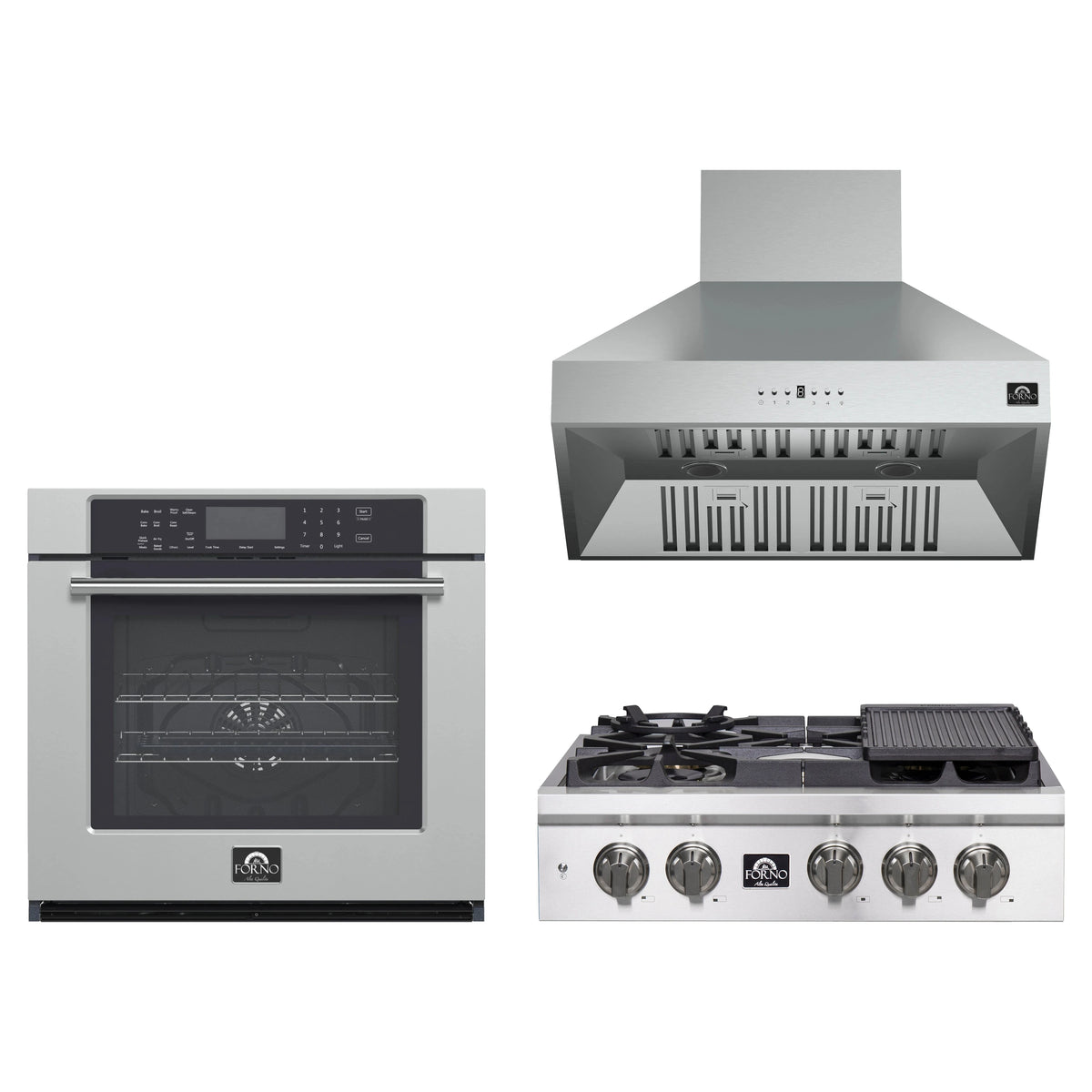 Forno 3-Piece Appliance Package - 30-Inch Spezia Gas Rangetop, Villarosa Electric Wall Oven & Wall Mount Range Hood in Stainless Steel