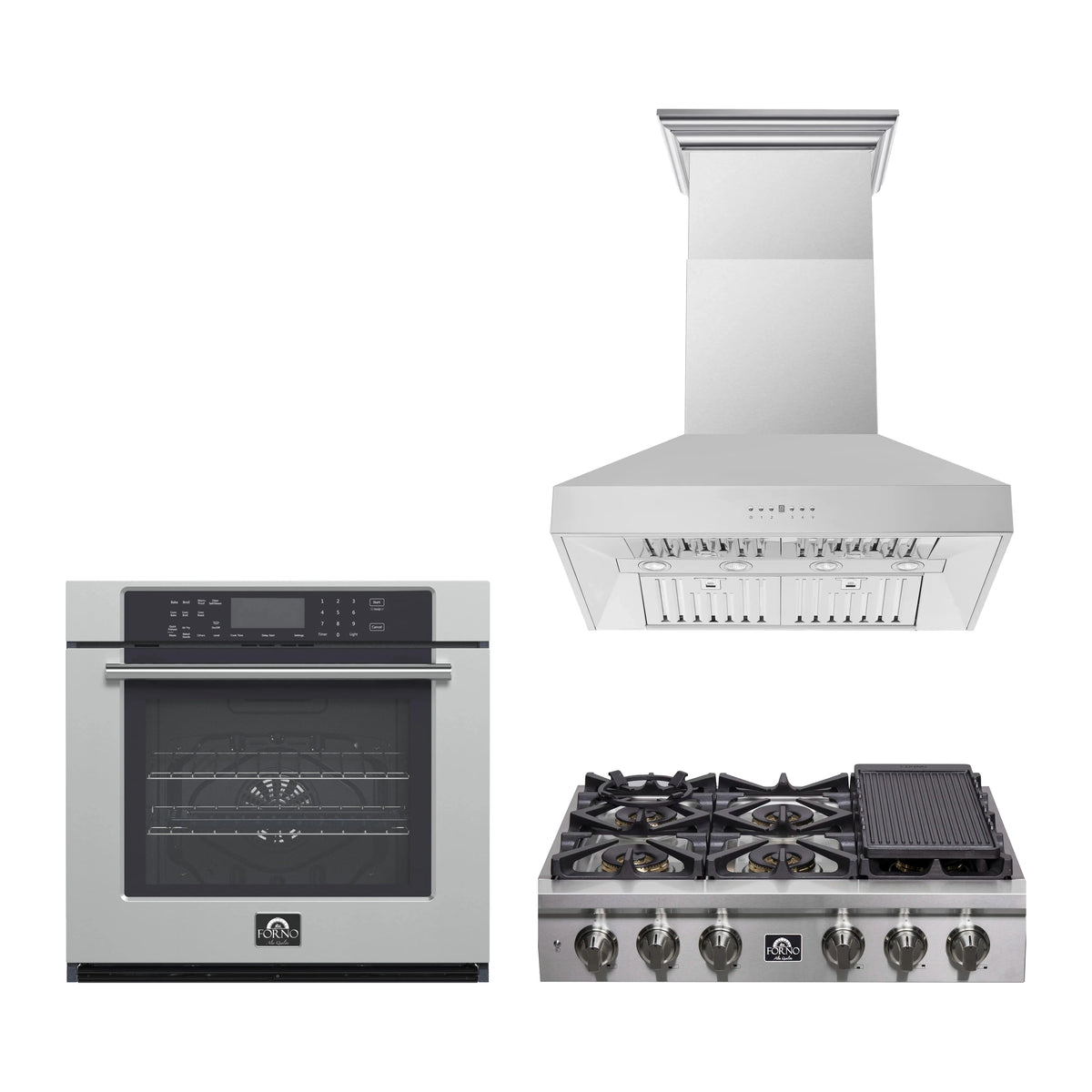 Forno 3-Piece Appliance Package - 36-Inch Spezia Gas Rangetop, Villarosa Electric Wall Oven & Wall Mount Range Hood in Stainless Steel