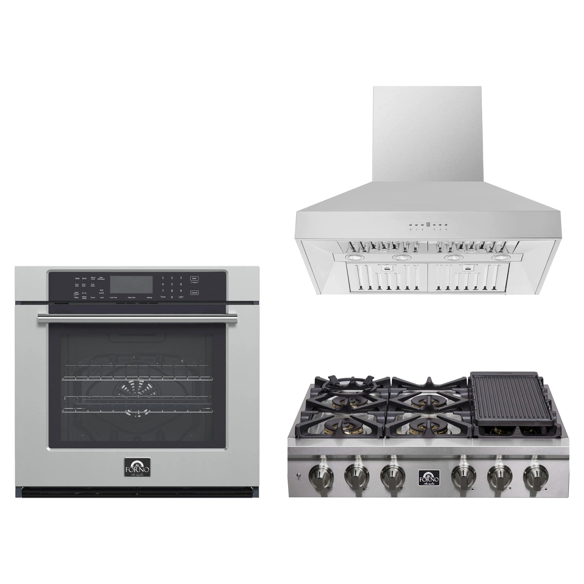 Forno 3-Piece Appliance Package - 36-Inch Spezia Gas Rangetop, Villarosa Electric Wall Oven & Wall Mount Range Hood in Stainless Steel