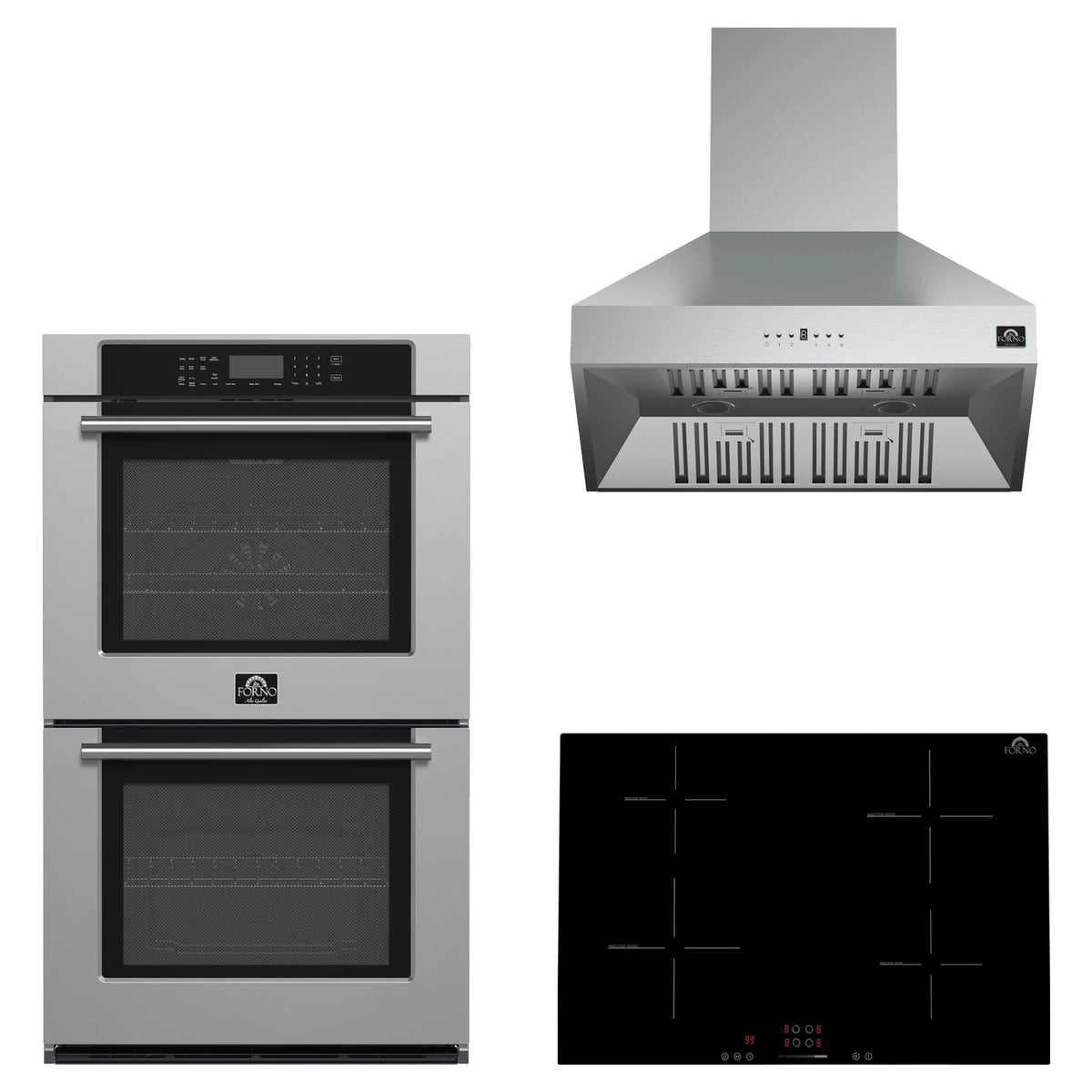 Forno 3-Piece Appliance Package - 30-Inch Parco Induction Cooktop, Villarosa Double Electric Wall Oven & Wall Mount Range Hood in Stainless Steel