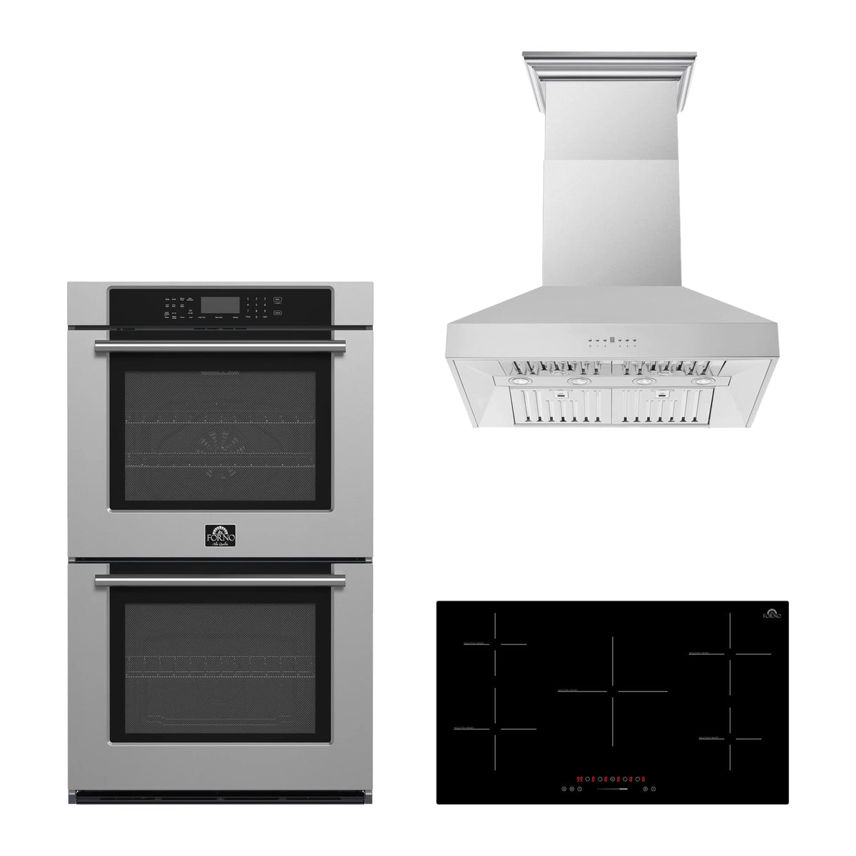 Forno 3-Piece Appliance Package - 36-Inch Parco Induction Cooktop, Villarosa Double Electric Wall Oven & Wall Mount Range Hood in Stainless Steel