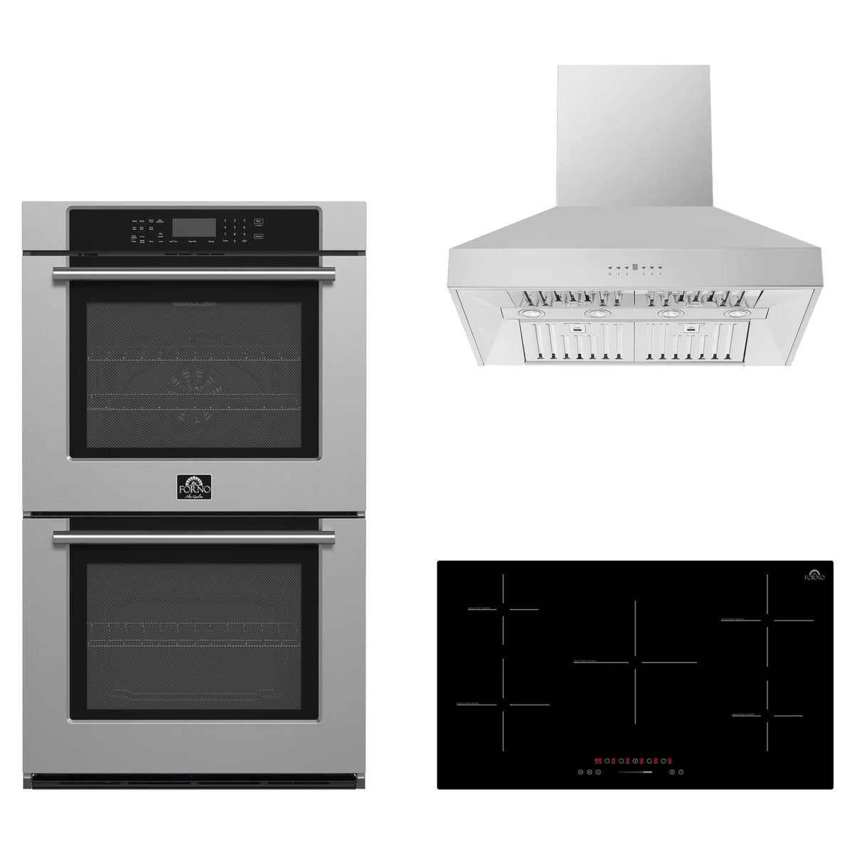 Forno 3-Piece Appliance Package - 36-Inch Parco Induction Cooktop, Villarosa Double Electric Wall Oven & Wall Mount Range Hood in Stainless Steel