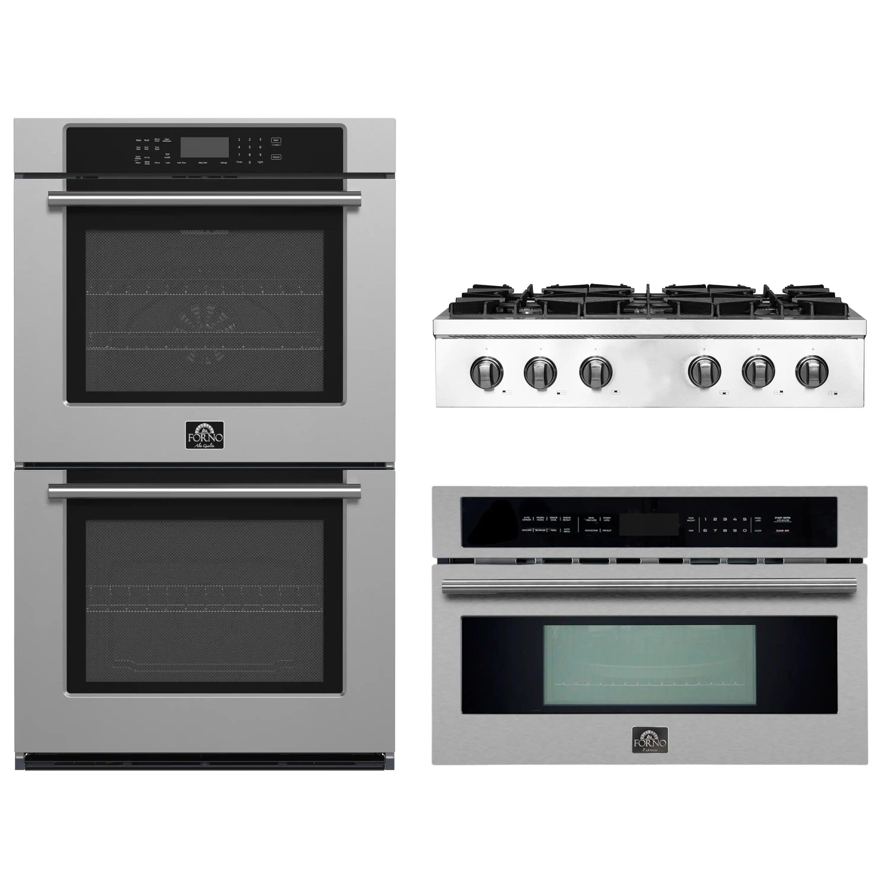 Stainless steel 3-piece appliance set: double wall ovens and gas cooktop range