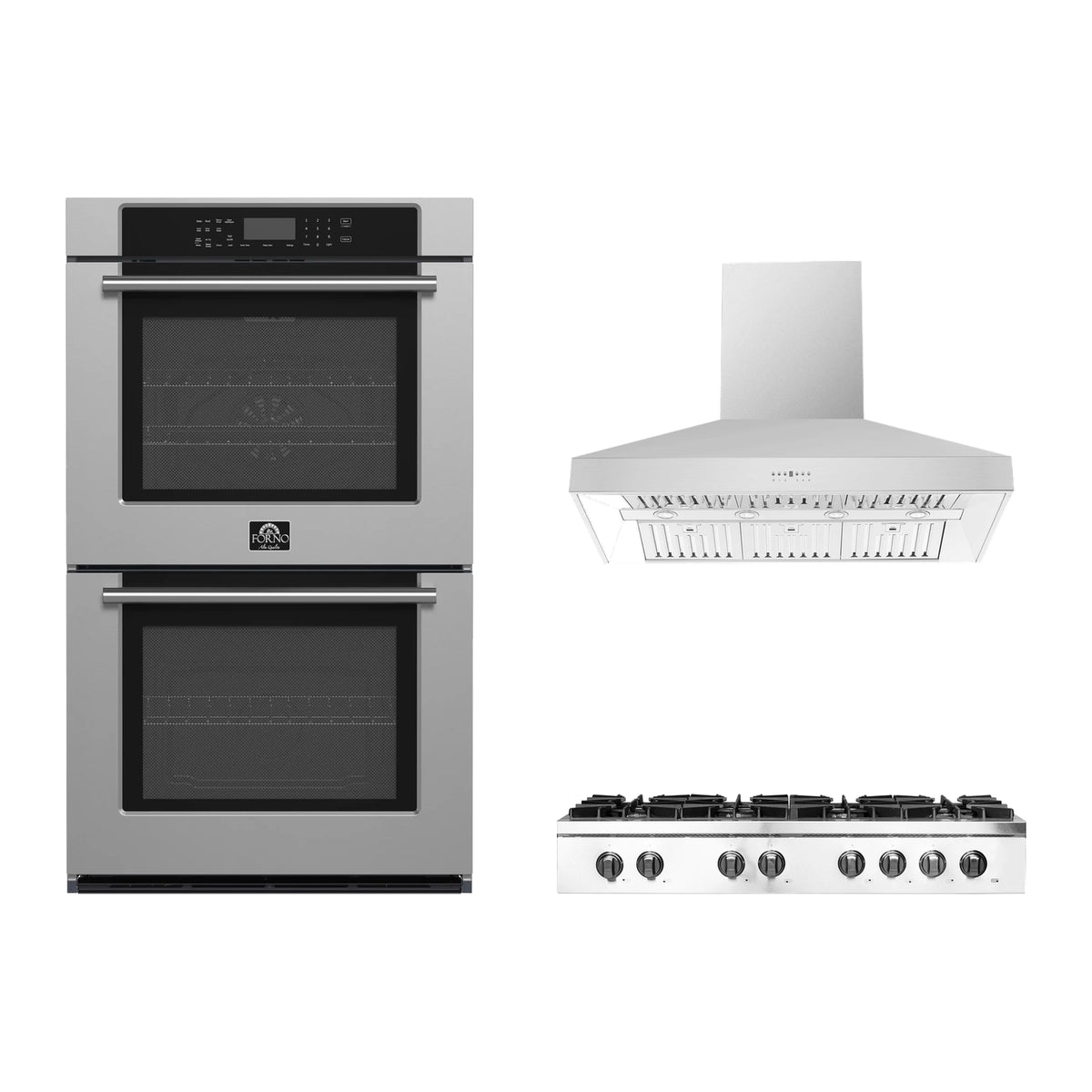 Forno 3-Piece Appliance Package - 48-Inch Lseo Gas Rangetop, Villarosa Double Electric Wall Oven & Wall Mount Range Hood in Stainless Steel