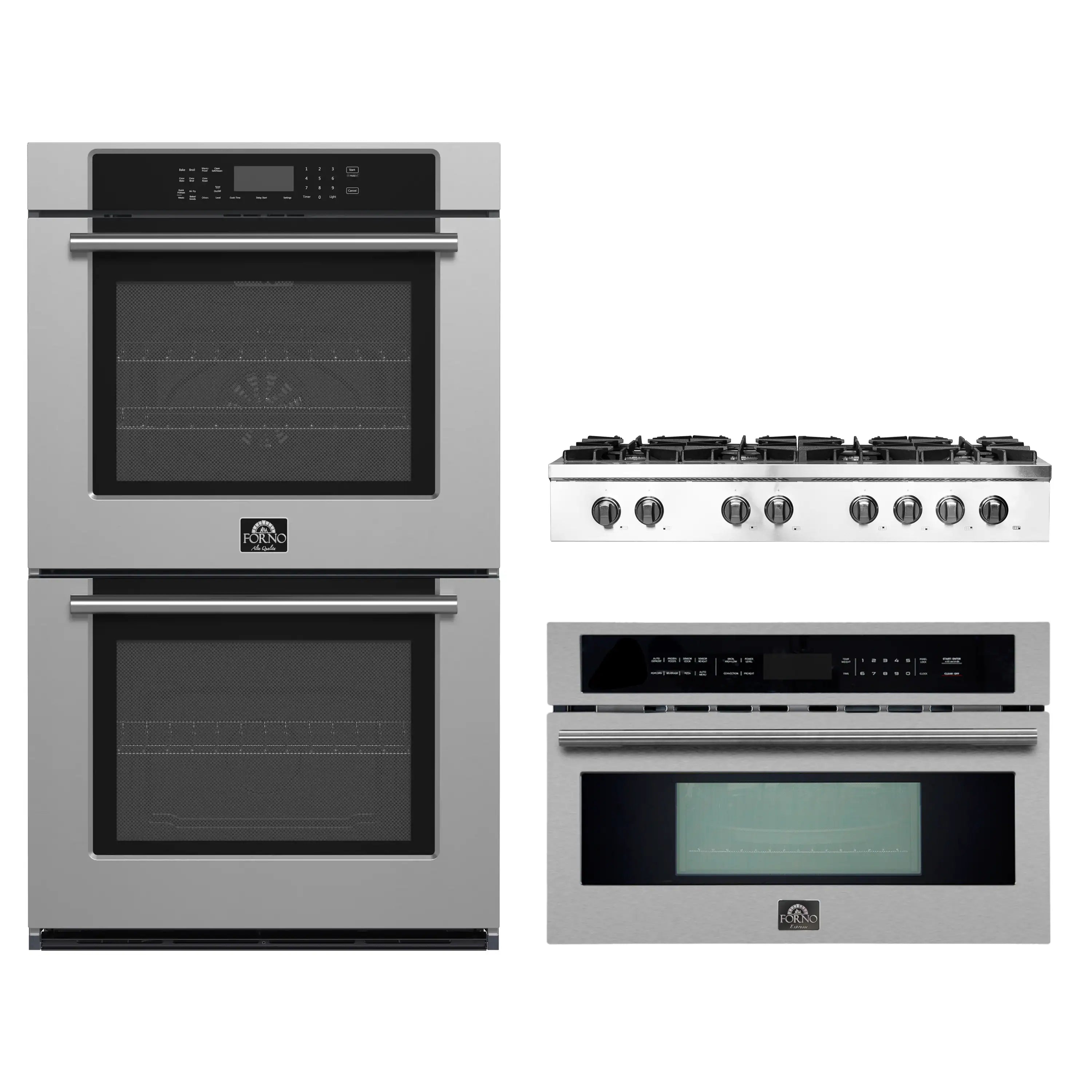 3-piece stainless steel appliance package showing double wall oven and gas cooktop